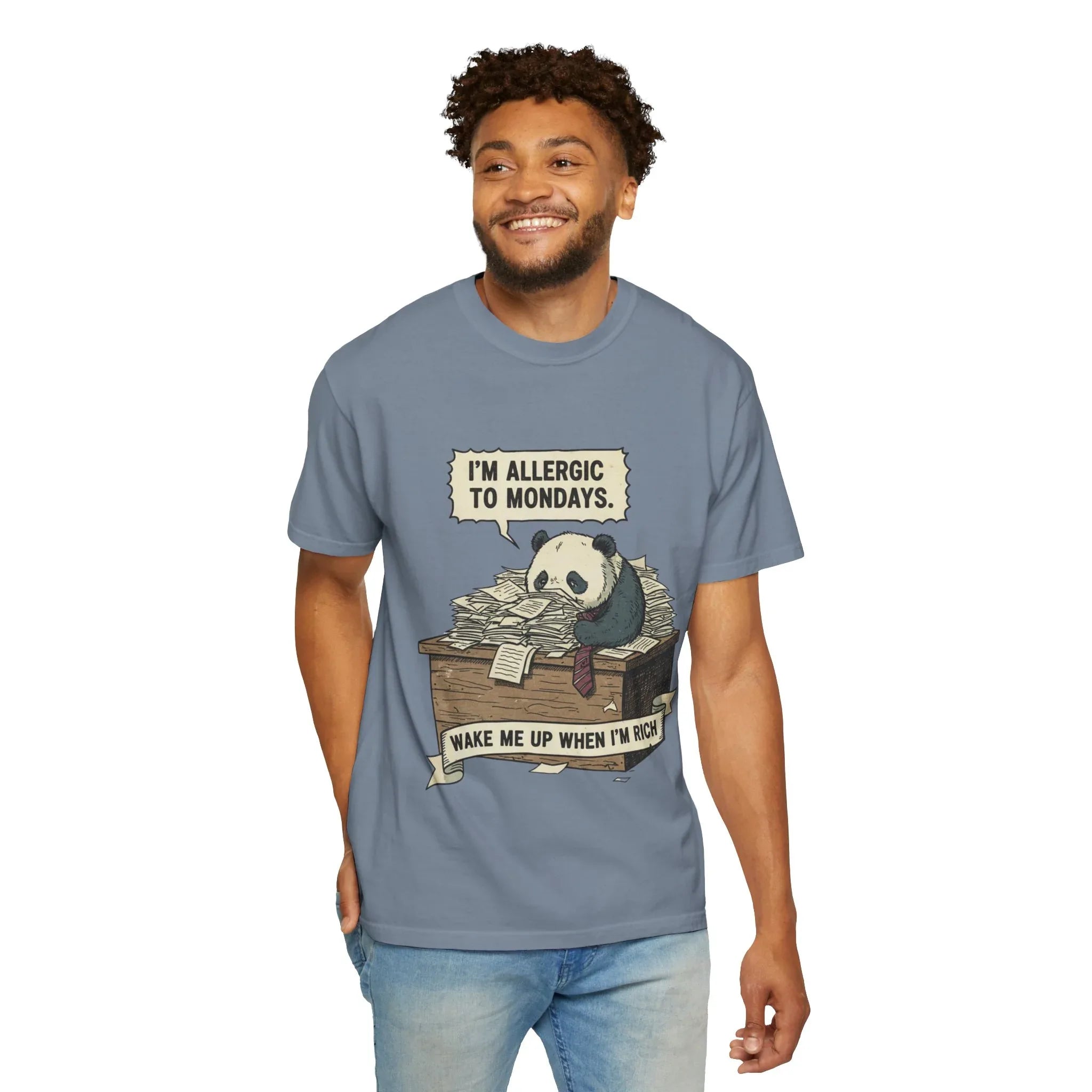 Funny Panda Shirt - "I'm Allergic To Mondays" Office Humor Tee - Sarcastic Work T-Shirt - Wake Me Up When I Am Rich Hoodie - Relatable Coworker & Student Gift Blue Jean