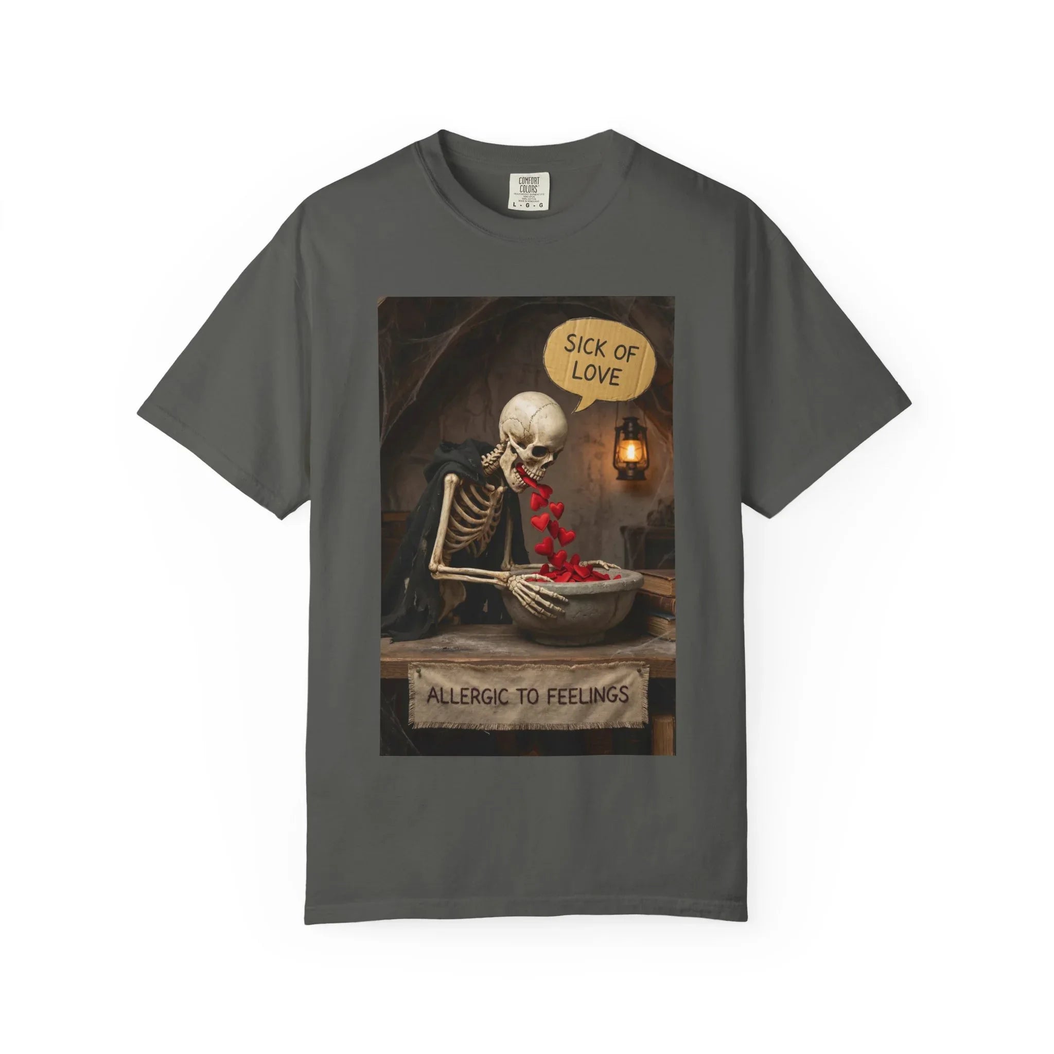 Sick of Love" Allergic To Feelings Vintage Skeleton T-Shirt - Premium Dark Humor Apparel Pepper