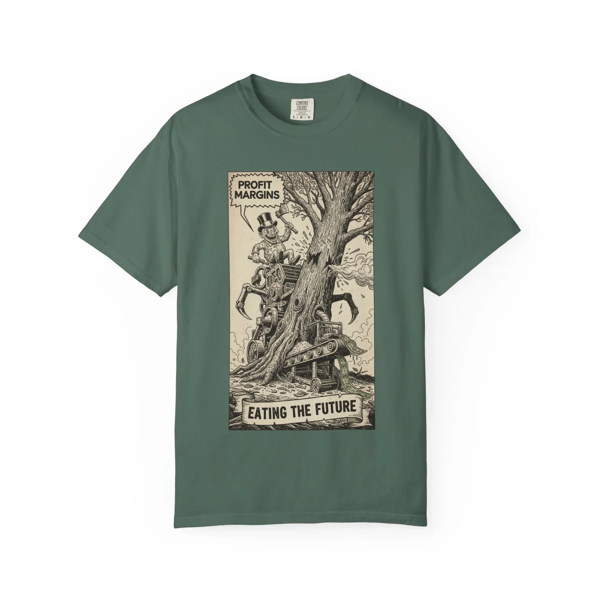 Eating The Future Shirt - Satirical Political Graphic Tee - Vintage Woodcut Eco Activist T-Shirt - Corporate Greed Social Commentary - Environmental Awareness Aesthetic Streetwear Blue Spruce