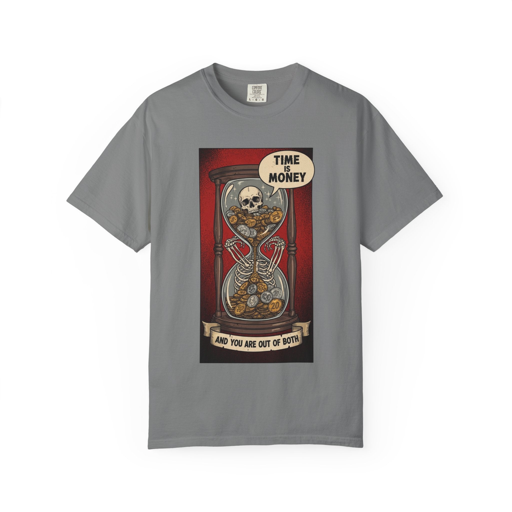 Time is Money and You Are Out of Both Skeleton T-Shirt Vintage Hourglass Skull Graphic Tee Dark Humor Sarcastic Aesthetic Shirt Grey