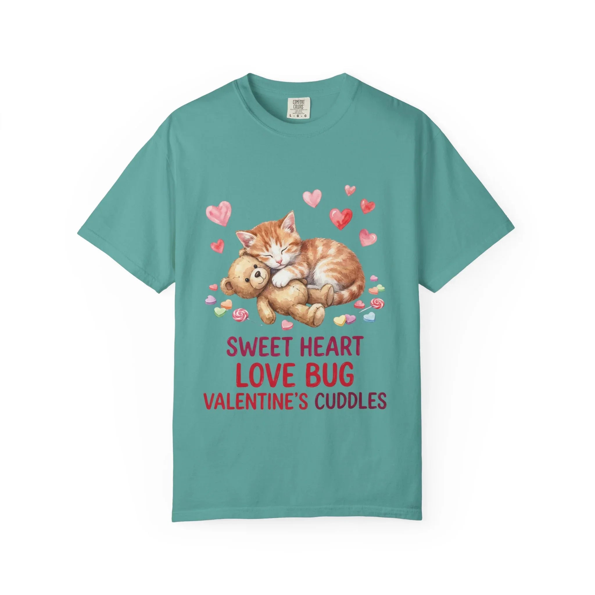 Sleeping Kitten with Teddy Bear Valentine T-Shirt | Sweetheart Love Bug Cuddles | Cozy Vintage Aesthetic | Cute Romantic Gift Seafoam