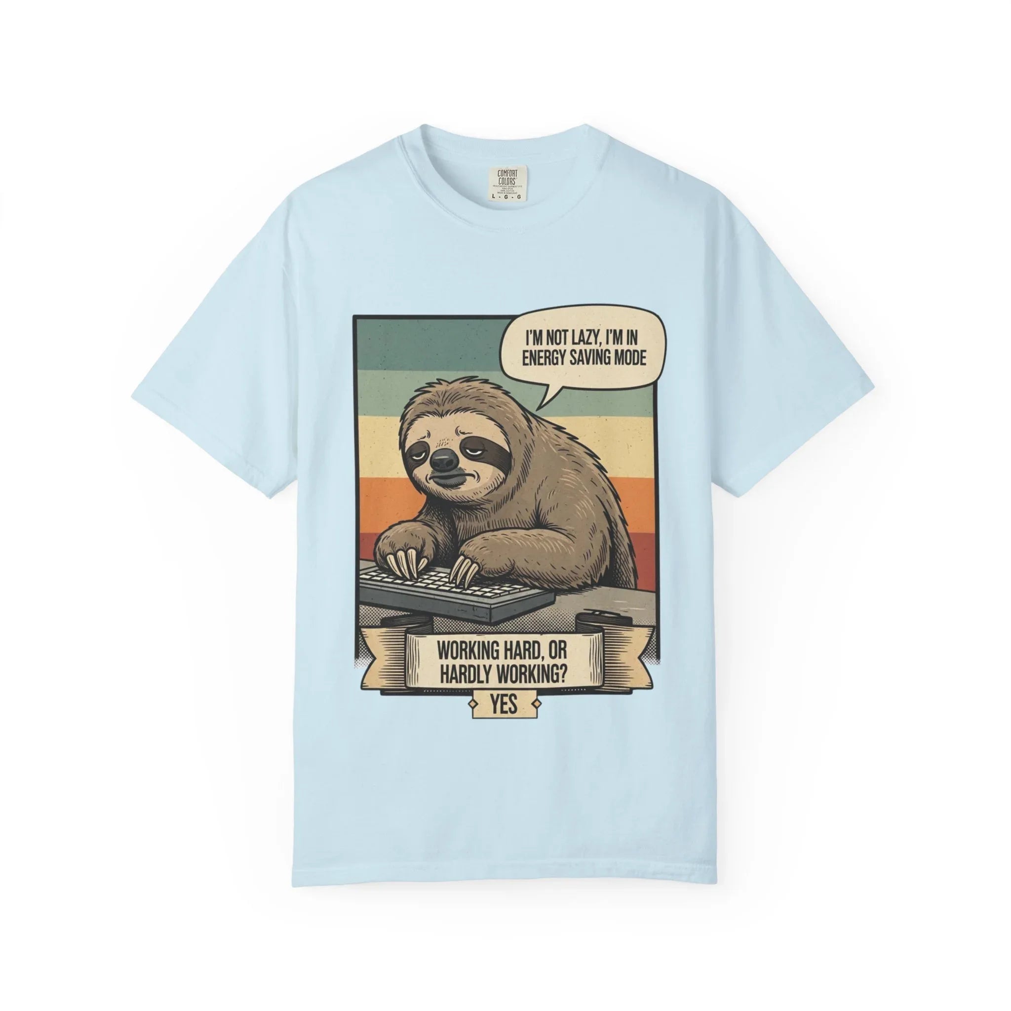 Funny Sloth Shirt - "I'm In Energy Saving Mode" T-Shirt - Office Humor Gift for Coworker - Lazy Animal Tee - Work From Home Graphic Tee - Retro Style Sloth Top Chambray