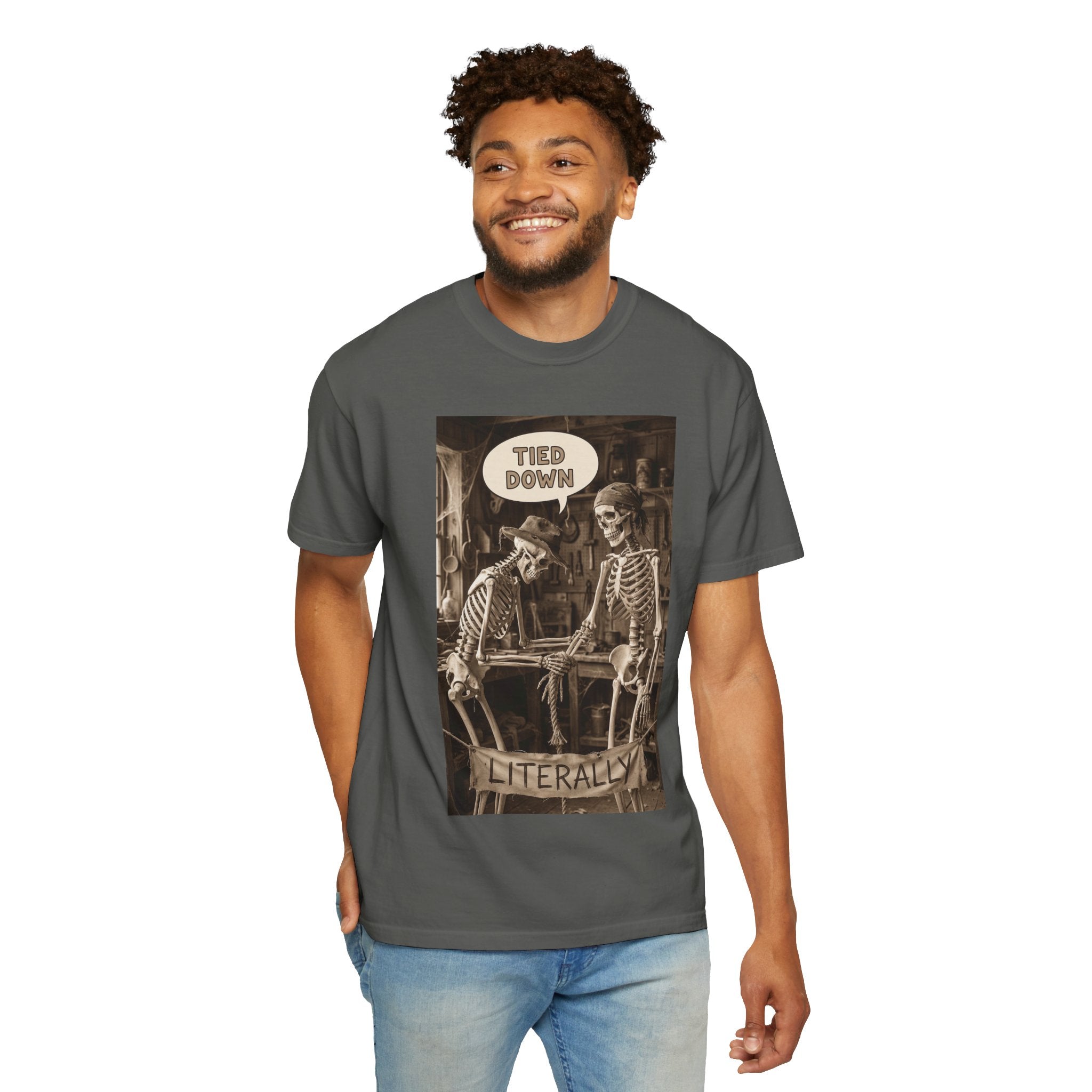 🪢 Tied Down Literally – Vintage Skeleton Satire & Dark Humor Streetwear Unisex Garment-Dyed T-shirt