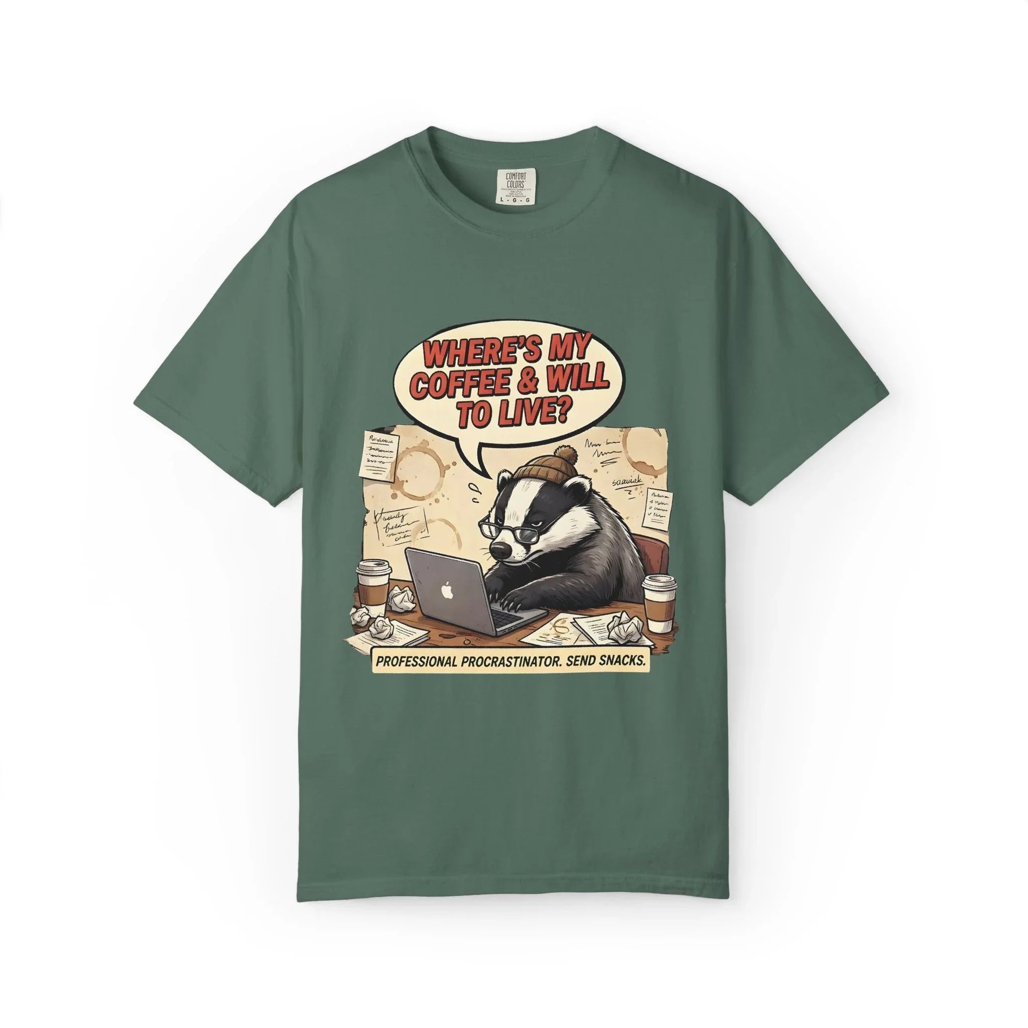 Where's My Coffee and Will to Live Badger T-Shirt | Procrastination Coffee Design | Funny Freelancer Gift | Vintage Sarcastic Humor Tee Blue Spruce