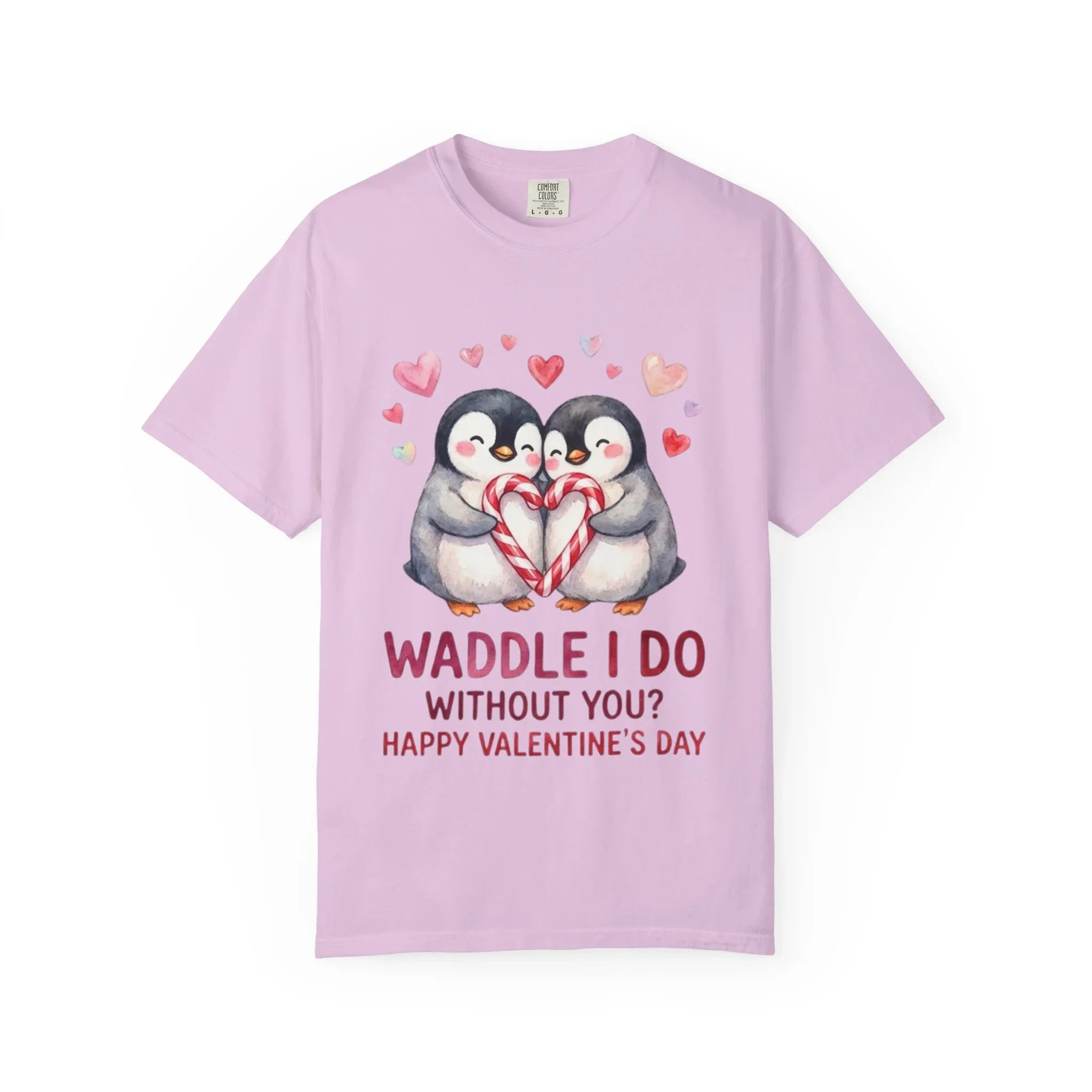 Valentine Penguin Couple Candy Hearts T Shirt Waddle I Do Without You Watercolor Cozy Vintage Aesthetic Gift Lovers Soft Cotton Romantic Tee Orchid