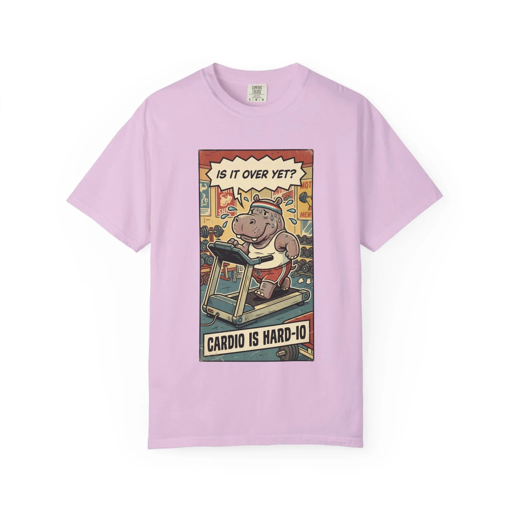 Funny Hippo Cardio Shirt - "Cardio is Hard-io" Retro Gym Tee - Vintage Sarcastic Workout T-Shirt - Humorous Exercise Fitness Gift - Distressed Comic Style Streetwear Orchid