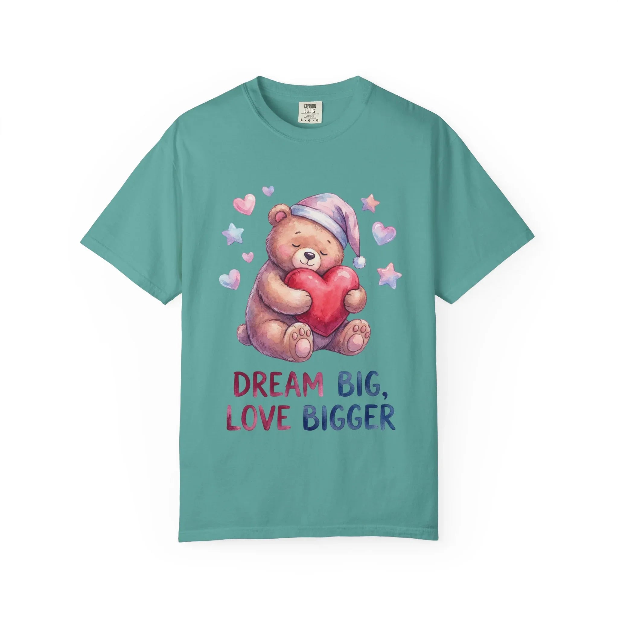 Teddy Bear Holding Heart Dream Big Love Bigger T Shirt Watercolor Cozy Vintage Aesthetic Gift Lovers Soft Cotton Motivational Tee Seafoam