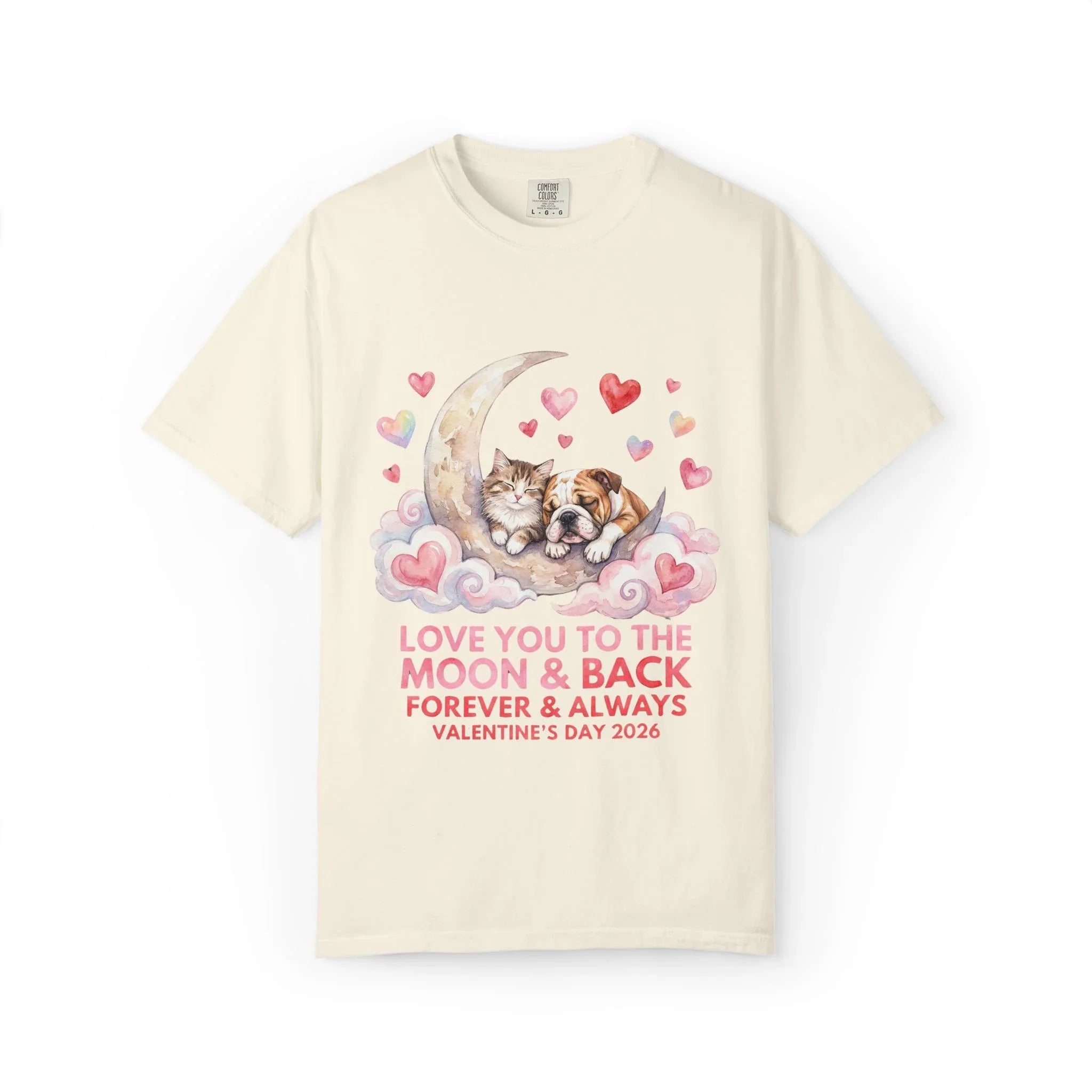 Love You to the Moon and Back Cats T Shirt Cute Kittens Crescent Moon Hearts Watercolor Cozy Vintage Aesthetic Gift Cat Lovers Valentine Tee Ivory