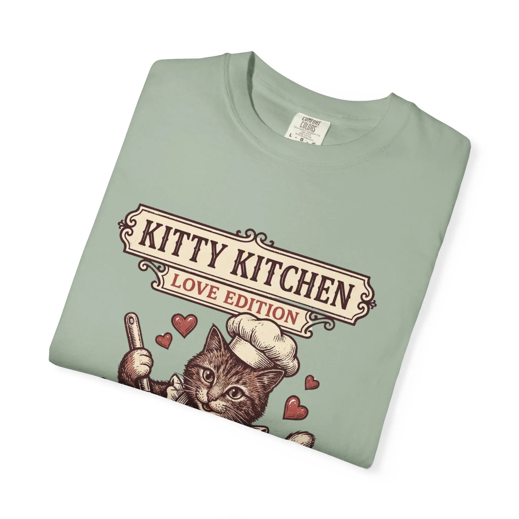 Kitty Kitchen Love T-Shirt | Vintage Cat Chef Whisking You Were Here Graphic Tee