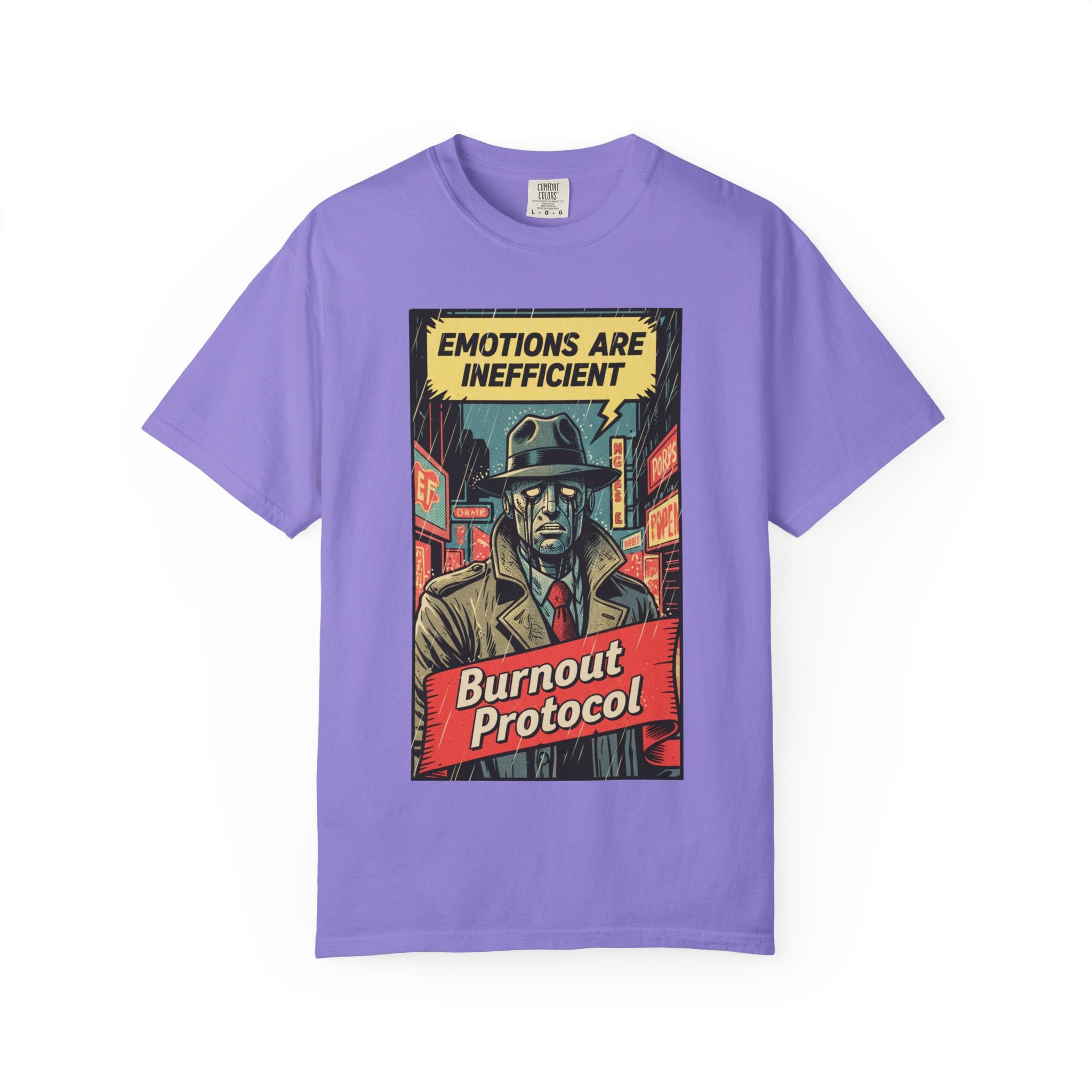 Burnout Protocol Vintage Comic Shirt Retro Robot Detective Graphic Tee Sarcastic Android Art Gift for Tech Workers Software Engineer Noir Violet
