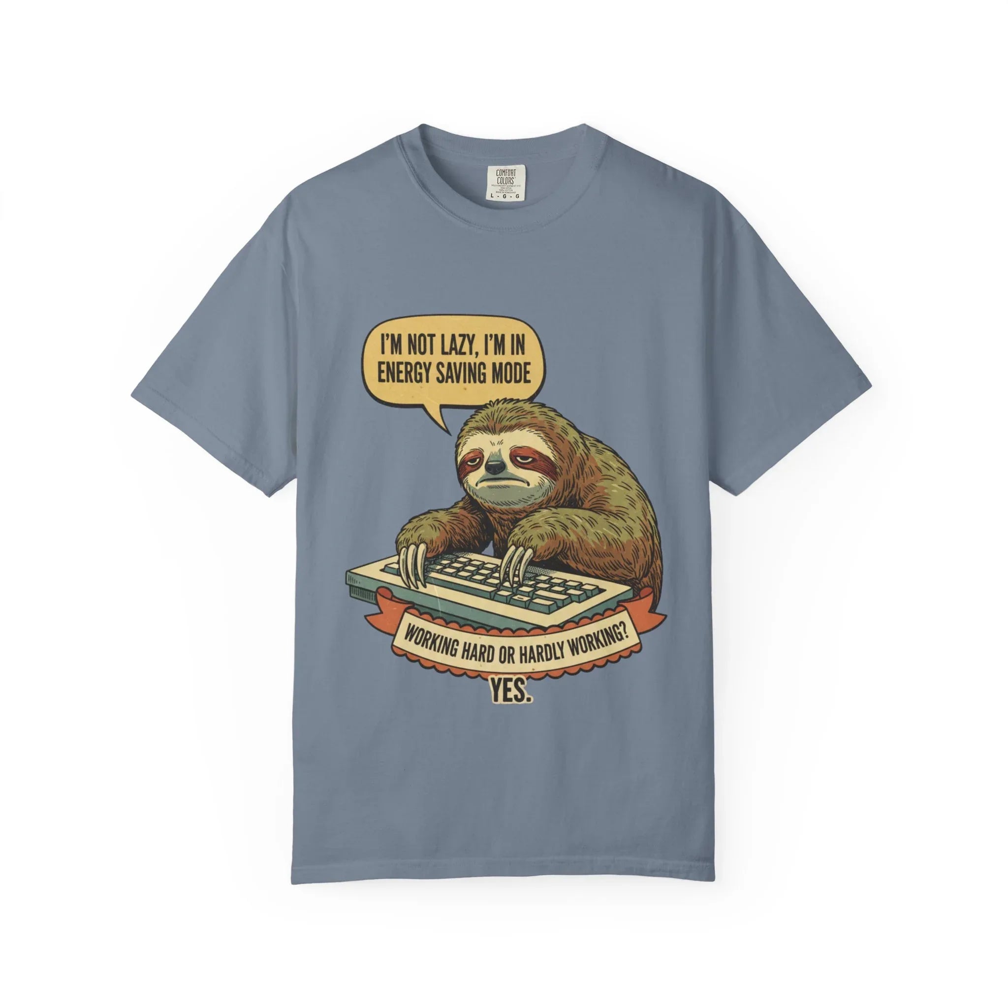 Funny Sloth Shirt - "I'm In Energy Saving Mode" Office Humor Tee - Programmer T-Shirt - Lazy Animal Lover Gift - Retro Style Sloth Graphic Tee Blue Jean