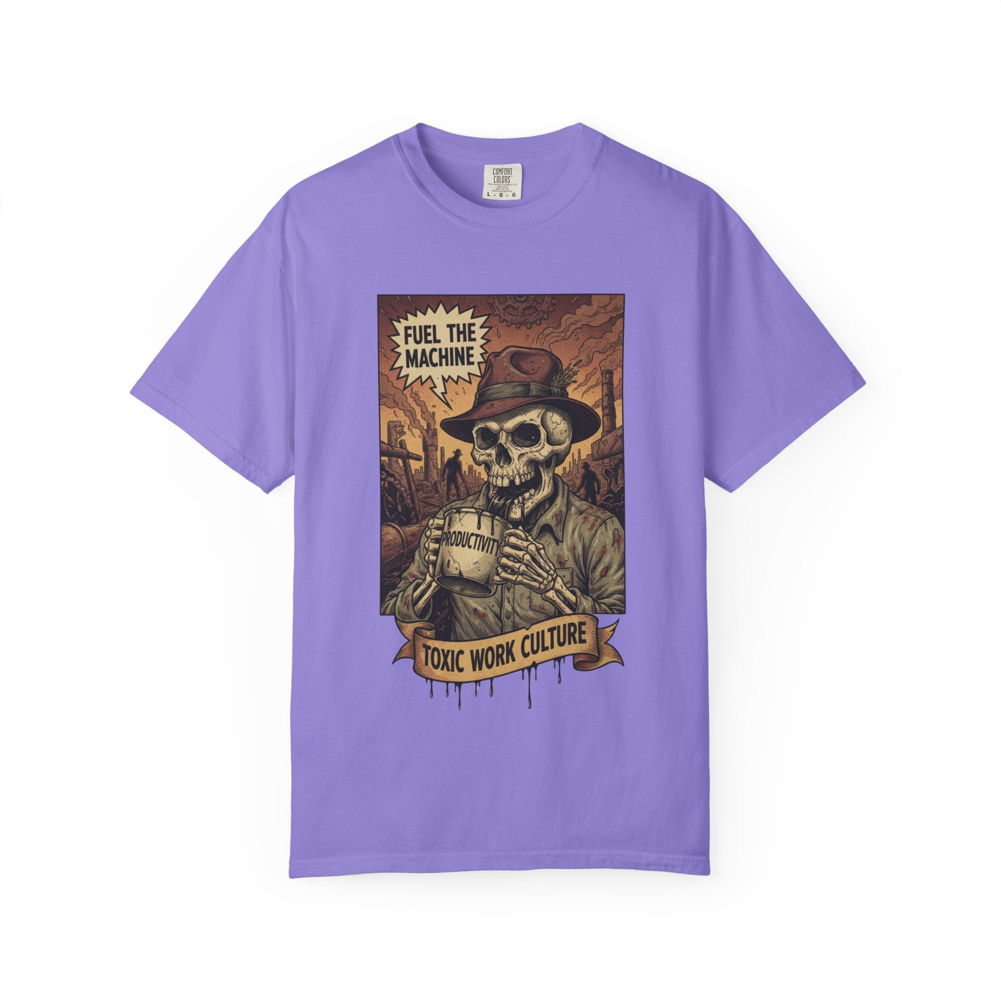 Fuel The Machine Shirt Vintage Skeleton Graphic Tee Anti Work Culture Satire Gift Funny Productivity Burnout T-Shirt Retro Industrial Grunge Violet