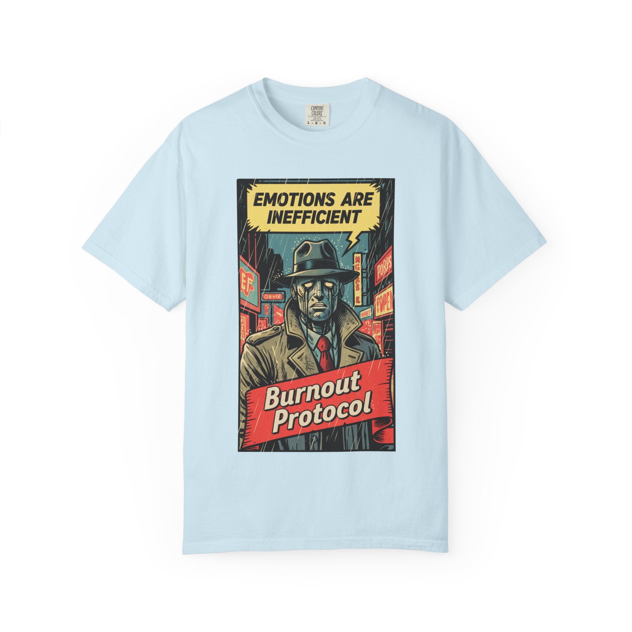 Burnout Protocol Vintage Comic Shirt Retro Robot Detective Graphic Tee Sarcastic Android Art Gift for Tech Workers Software Engineer Noir Chambray
