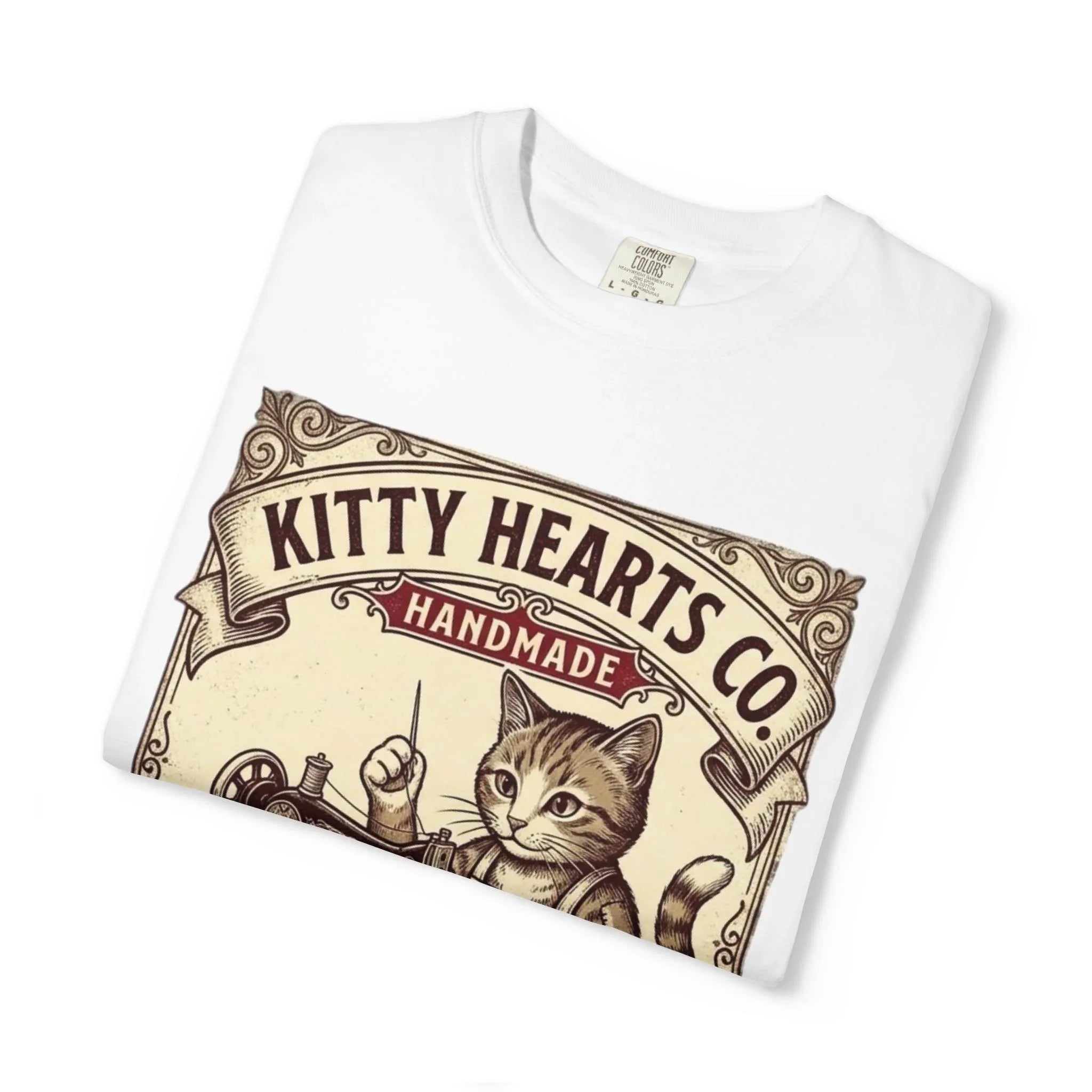 Kitty Hearts Co T-Shirt | Vintage Sewing Cat Made With Purr Graphic Tee | Retro Craft Lover Gift