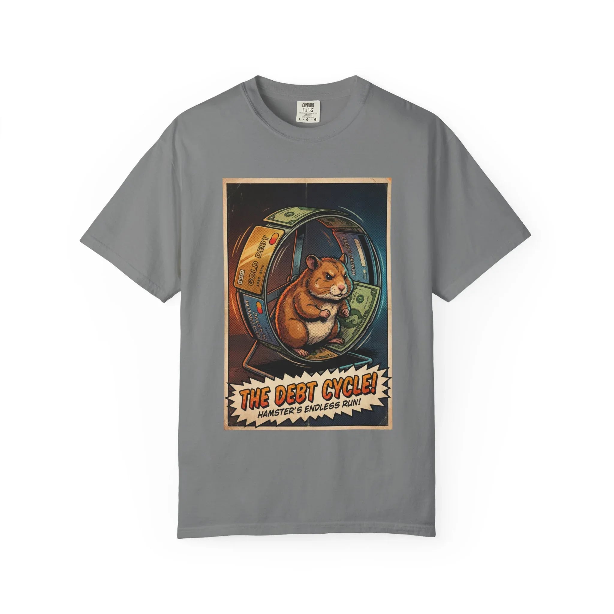 Funny Debt Cycle Hamster Shirt - Retro Comic Satire T-Shirt - Financial Humor Graphic Tee - Vintage Credit Crunch Money Art - Sarcastic Credit Card Debt Gift Grey