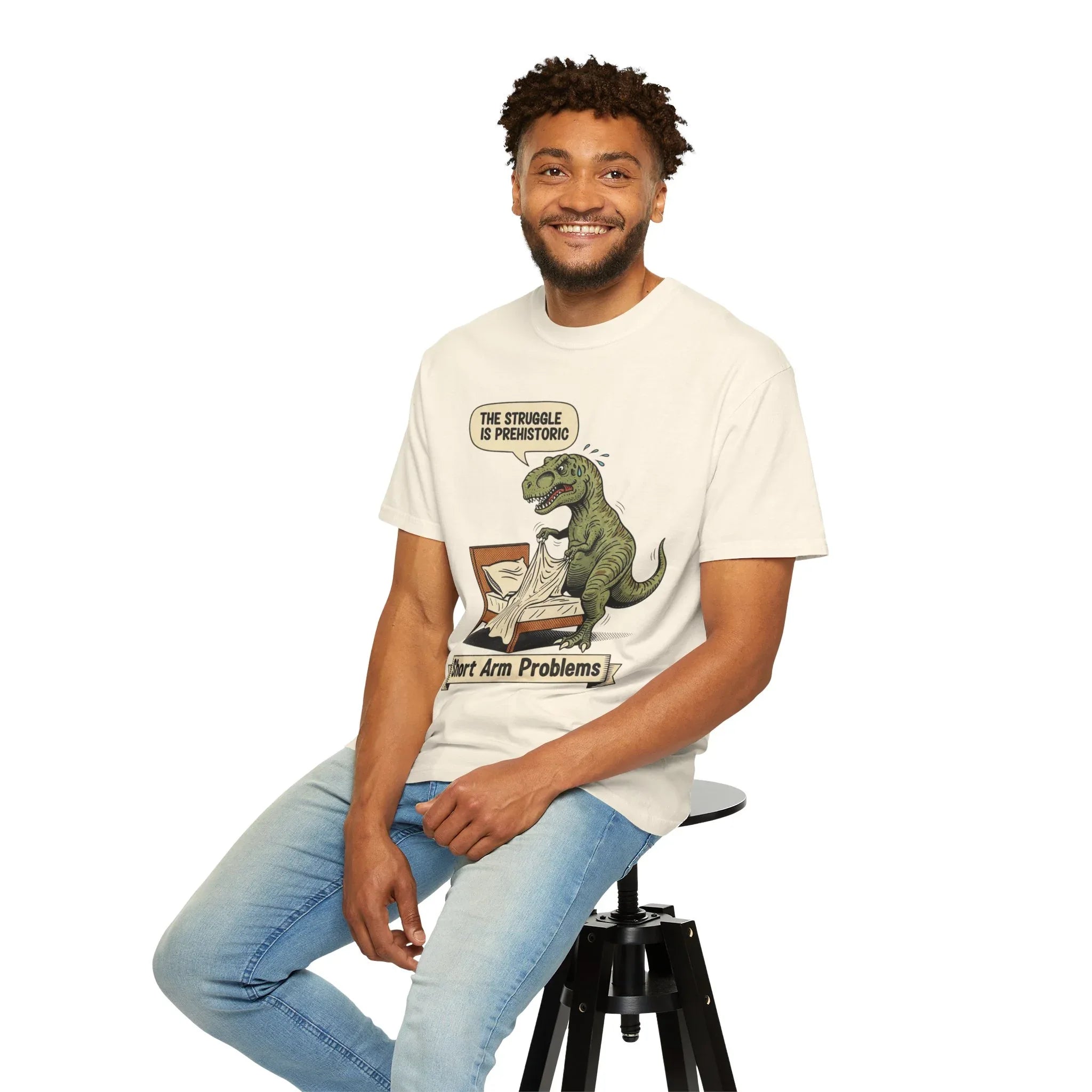 Funny T-Rex Shirt - "The Struggle Is Prehistoric" Graphic Tee - Short Arm Problems Meme Tshirt - Vintage Dinosaur Humorous Gift for Him & Her - Retro Comic Style Top