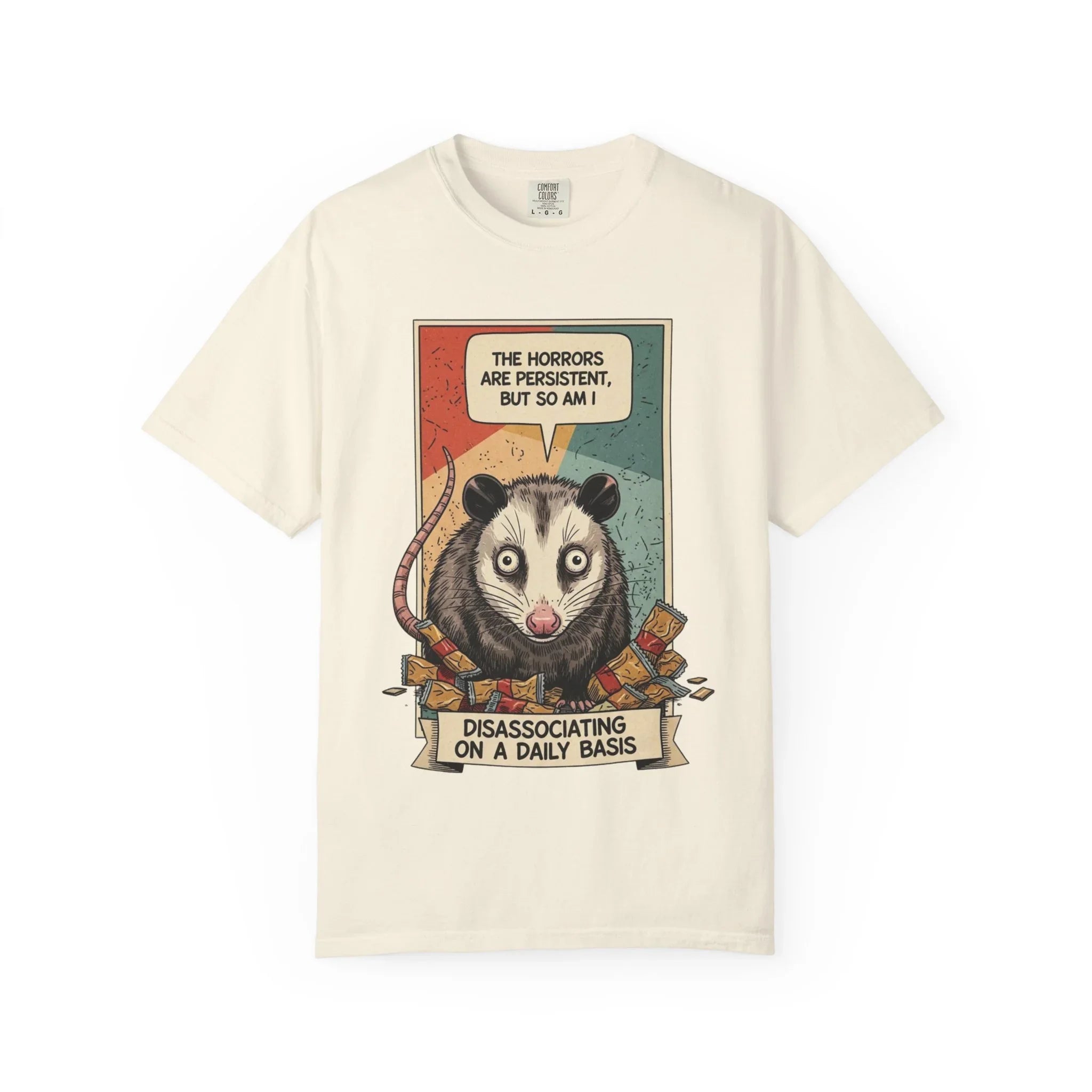 Funny Opossum Shirt - "The Horrors Are Persistent But So Am I" Tee - Mental Health Awareness Gift - Disassociation Meme Sweatshirt - Retro Trash Cat Hoodie Ivory