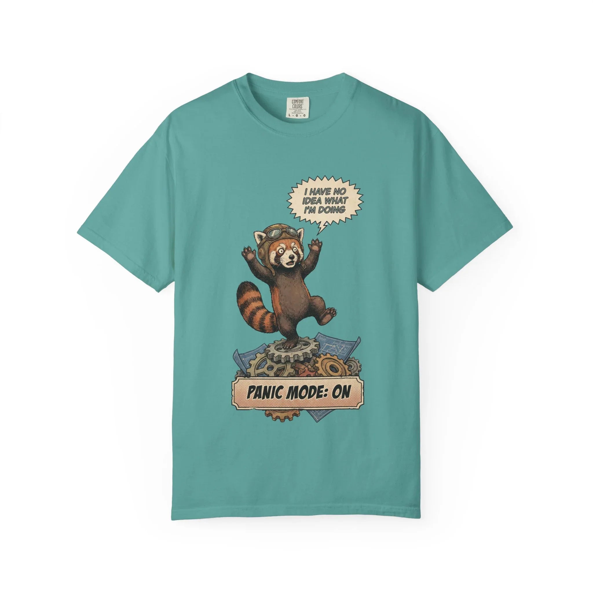 Vintage Red Panda T-Shirt - Funny Engineer Gift - Panicked Pilot Shirt - Imposter Syndrome Meme Tee - Retro Mechanic Animal Graphic - "Panic Mode On" Top Seafoam