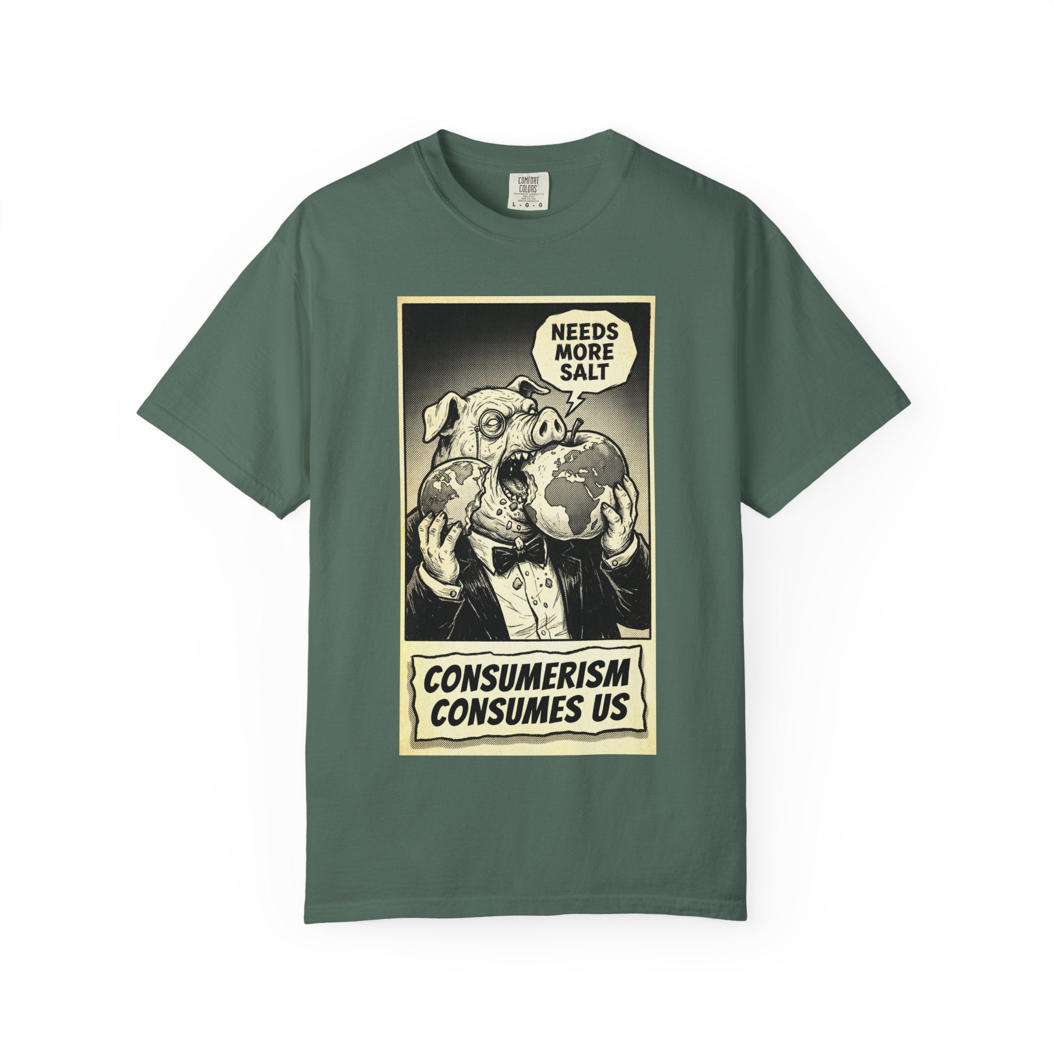 Consumerism Consumes Us T-Shirt | Vintage Satire Corporate Pig Graphic Tee | Anti-Capitalism Activist Apparel Blue Spruce