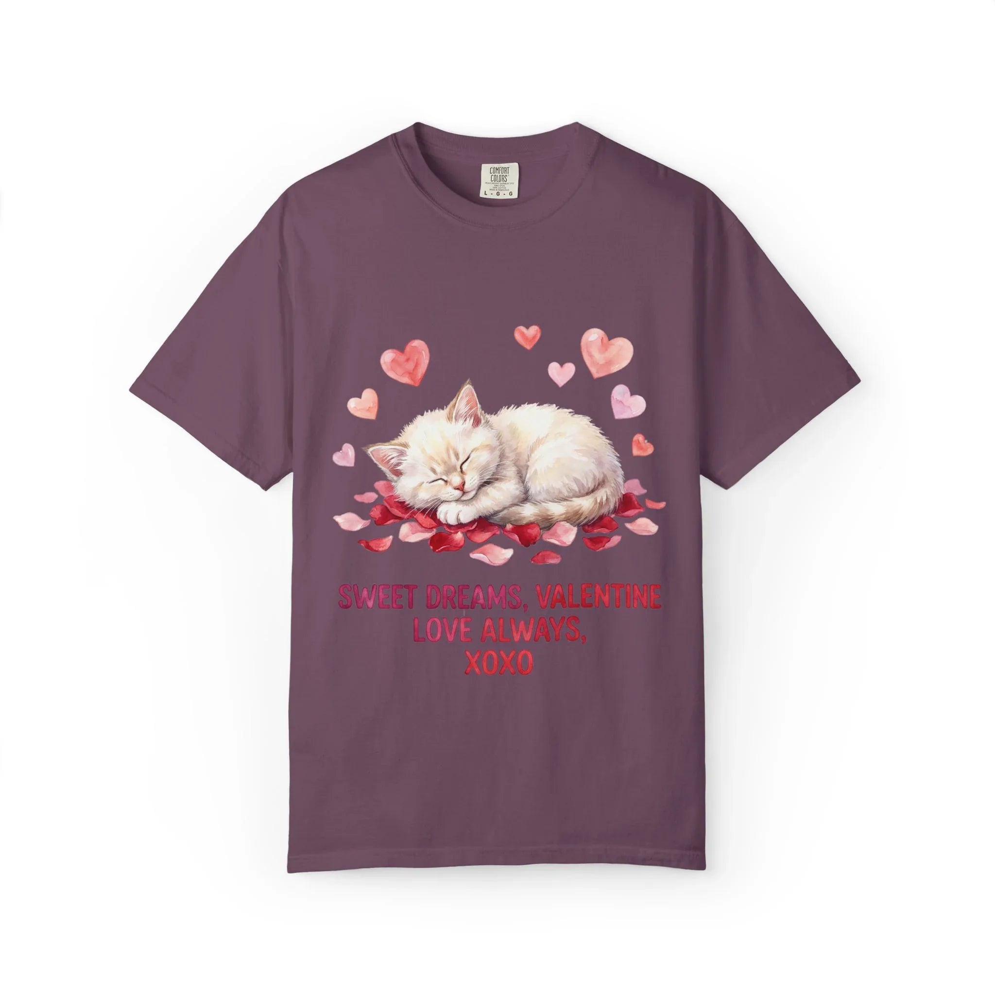Sweet Dreams Valentine Kitten T Shirt Cute Sleeping Cat Hearts Watercolor Cozy Aesthetic Gift for Cat Lovers Soft VintageCotton Romantic Tee Berry M