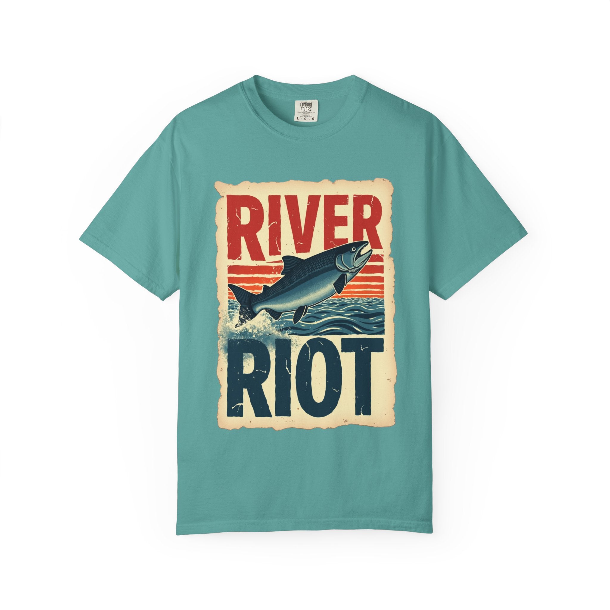 River Riot Salmon T-Shirt, Retro Fishing Graphic Tee, Vintage Fish Poster Design, Leaping Salmon Sunburst Stripes, Unisex Garment-Dyed Seafoam