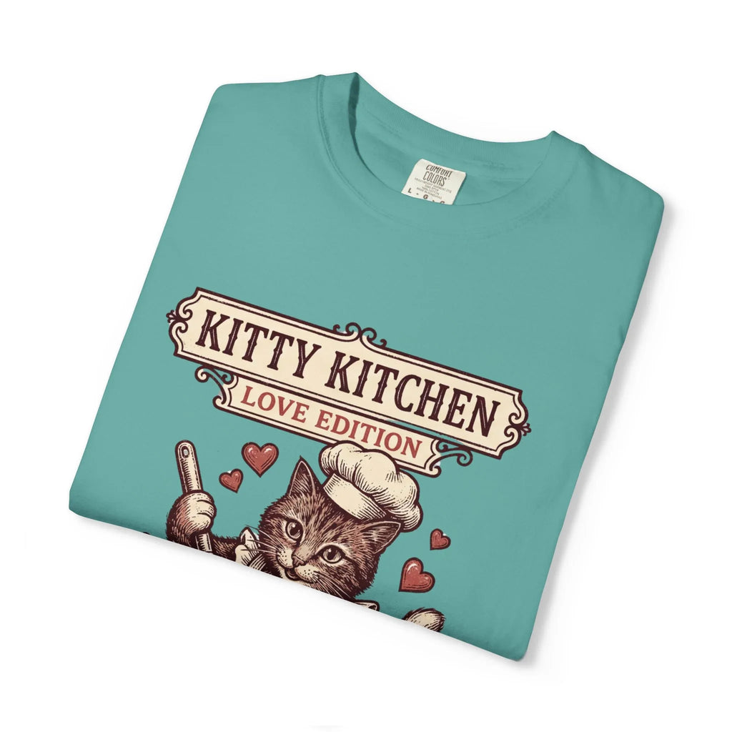 Kitty Kitchen Love T-Shirt | Vintage Cat Chef Whisking You Were Here Graphic Tee