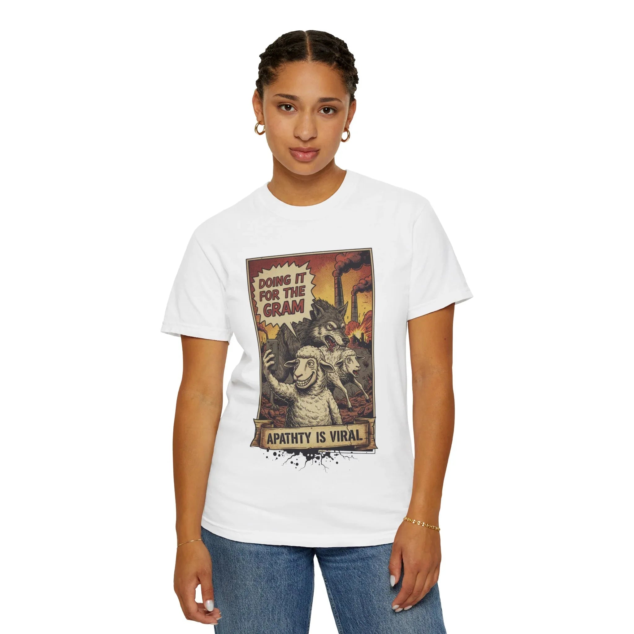 Doing It For The Gram Vintage Shirt - Satirical Wolf and Sheep Graphic Tee - Retro Social Media Irony T-Shirt - 1950s Propaganda Style Dark Humor - Unapologetic Social Critique Apparel
