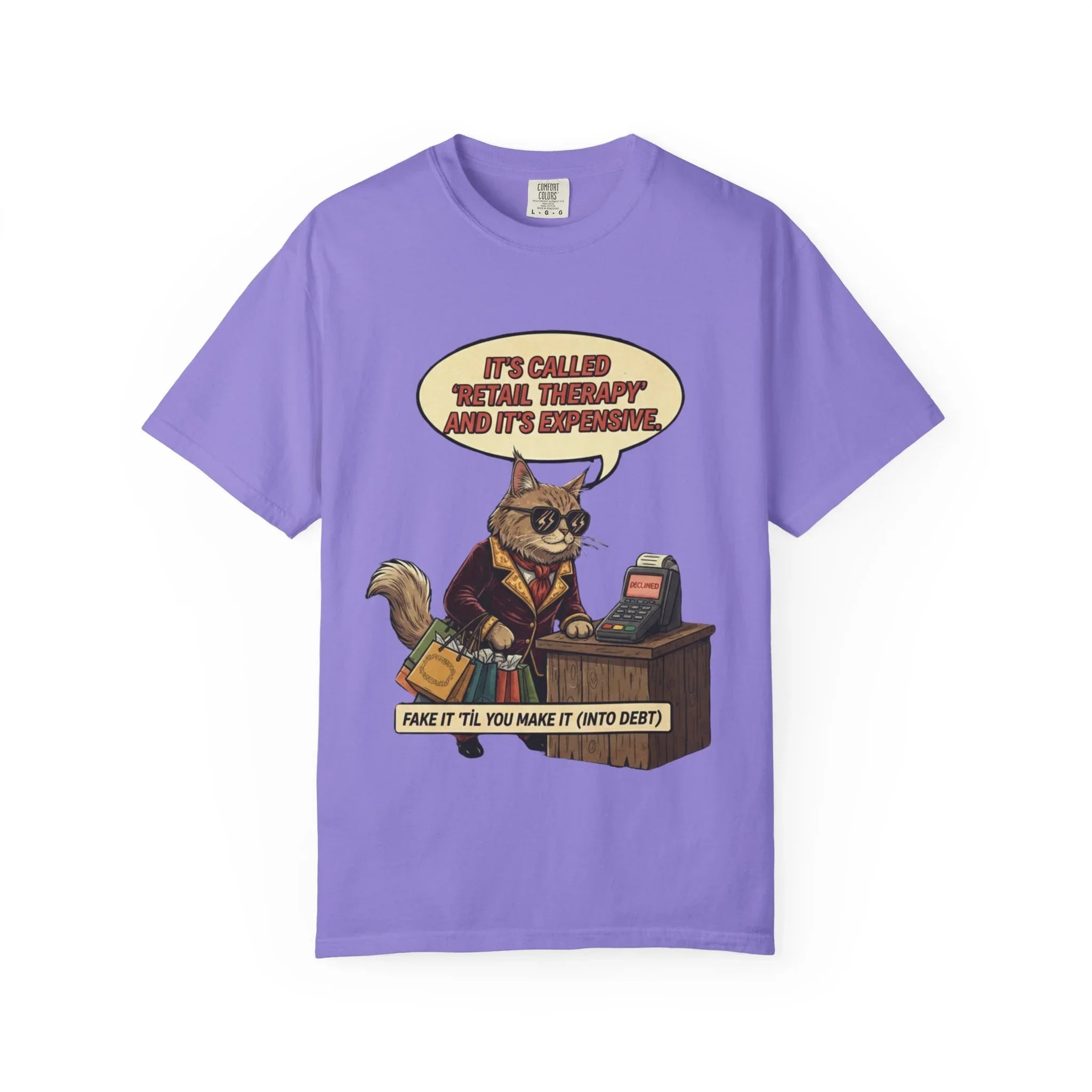 Funny Retail Therapy Cat Shirt - Sarcastic Shopping Meme Sweatshirt - "Declined" Screen Graphic Tee - Relatable Adulting Gift - Cute Cat Lover Sarcastic Apparel Violet