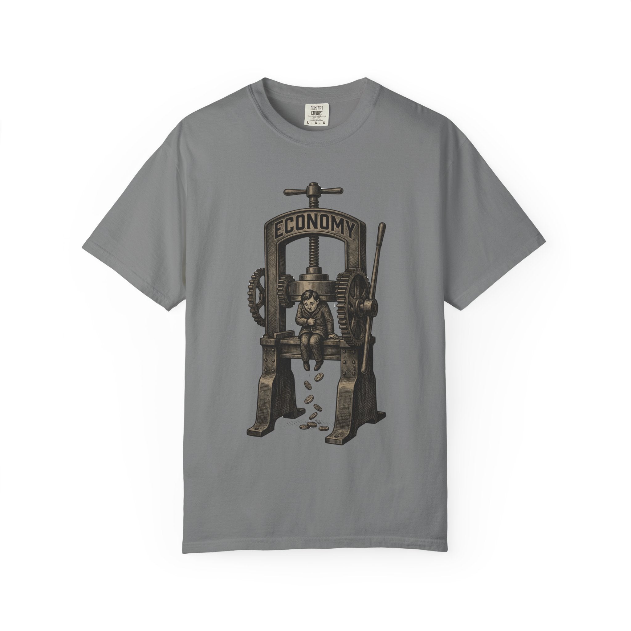 Vintage "ECONOMY" Press T-Shirt | Retro Industrial Satire Graphic Tee | Hand-Drawn Woodcut Style Socio-Economic Statement Shirt Grey
