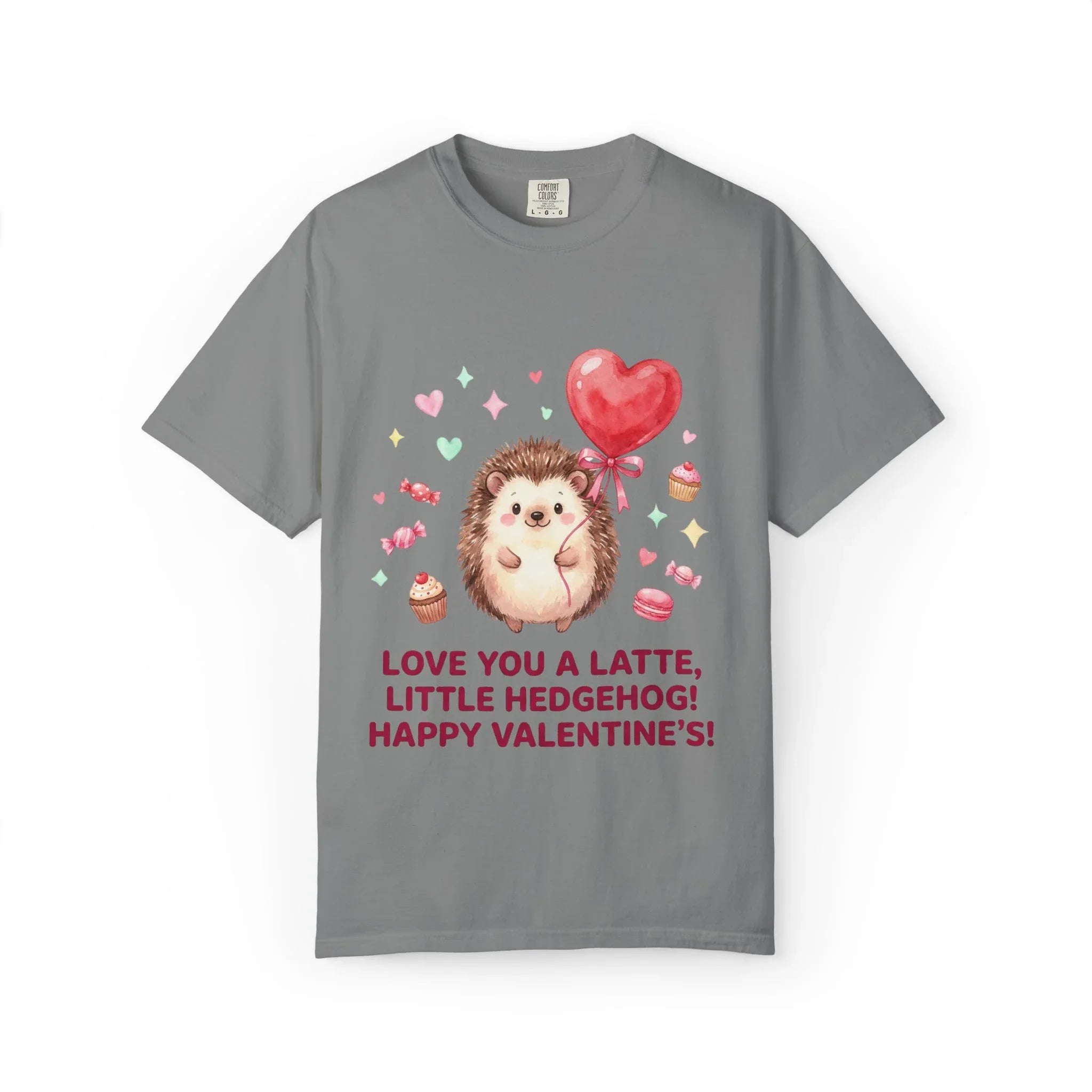 Love You A Latte Hedgehog T Shirt Cute Watercolor Heart Balloon Valentine Cozy Vintage Aesthetic Gift Animal Lovers Soft Cotton Romantic Tee Grey