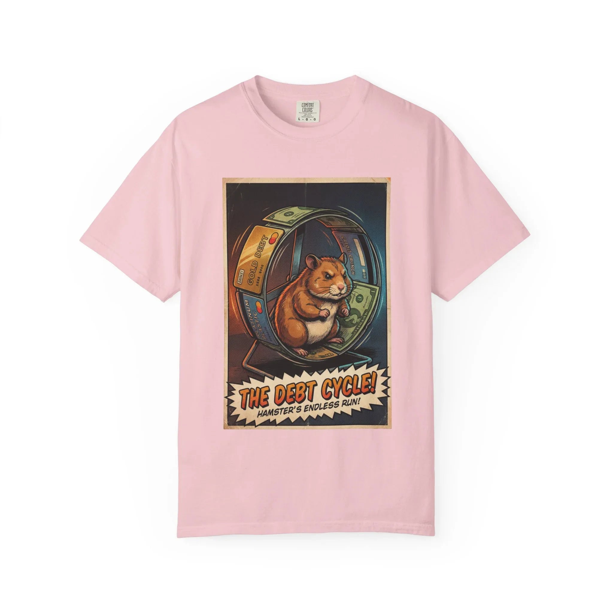 Funny Debt Cycle Hamster Shirt - Retro Comic Satire T-Shirt - Financial Humor Graphic Tee - Vintage Credit Crunch Money Art - Sarcastic Credit Card Debt Gift Blossom