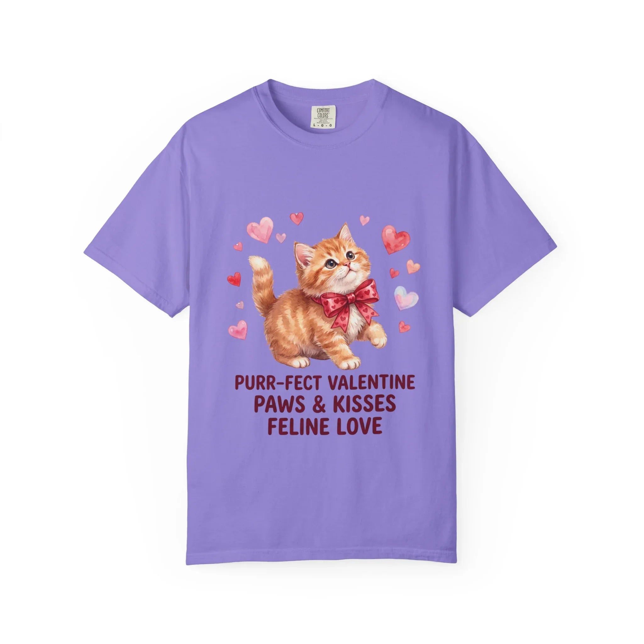 Purrfect Valentine Cat Paws Kisses T Shirt Cute Ginger Kitten Hearts Watercolor Cozy Vintage Aesthetic Gift Cat Lovers Soft Cotton Romantic Violet