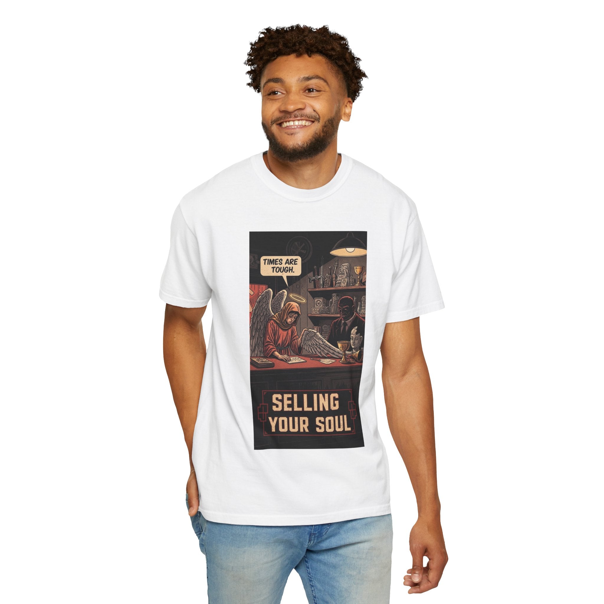 Selling Your Soul Shirt - Vintage Pawn Shop Satire Tee - Angel Social Commentary T-Shirt - Dark Humor Philosophy Gift - Retro Comic Graphic Apparel