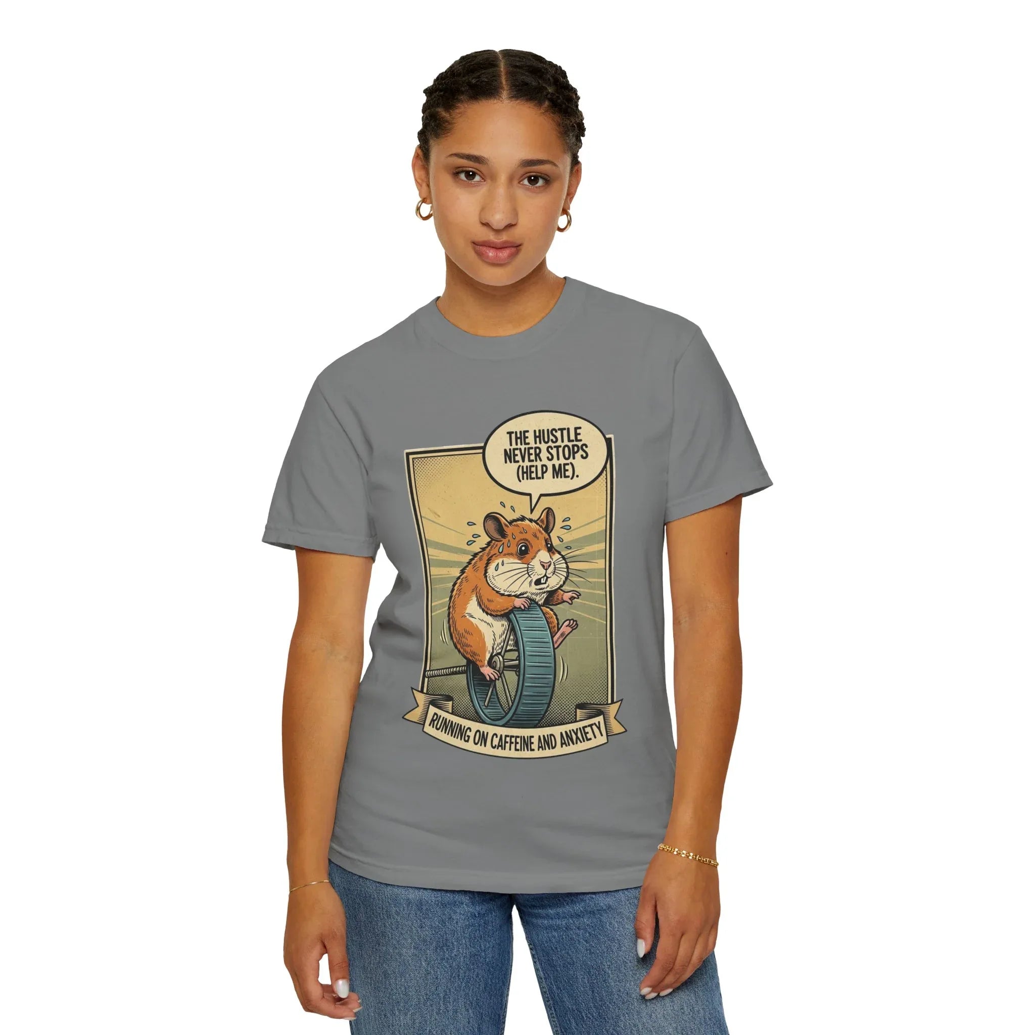 Funny Hamster Shirt - "Running On Caffeine And Anxiety" T-Shirt - Corporate Burnout Gift - Mental Health Sweatshirt - Retro Animal Art Office Humor Tee Grey