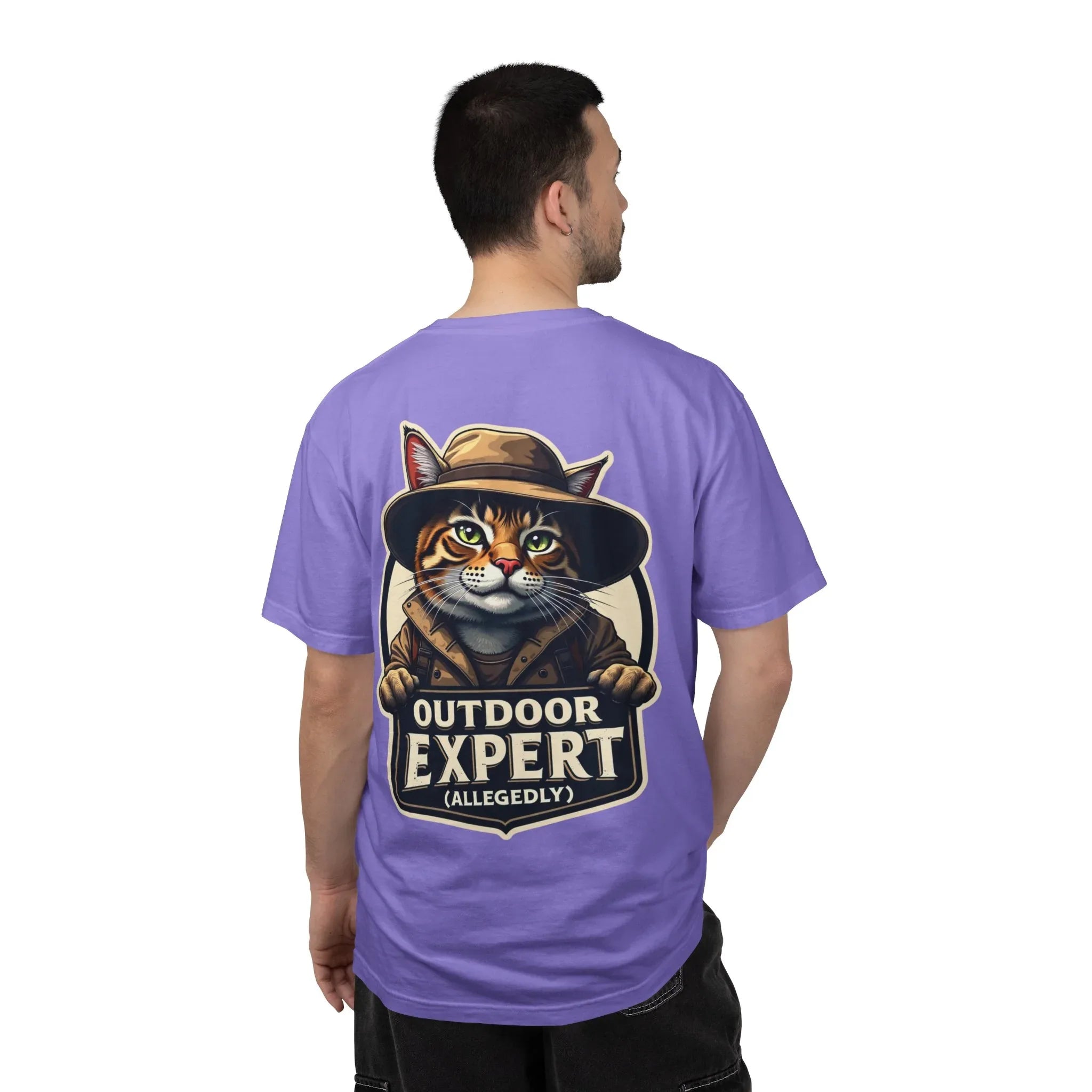 Outdoor Expert Cat T-Shirt, Outdoor Expert (Allegedly) Back Print Tee, Funny Camping Cat in Fedora Badge, Unisex Garment-Dyed Violet