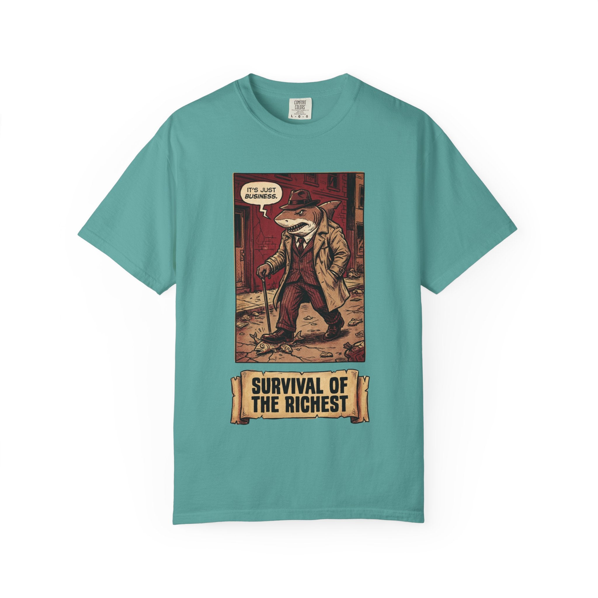 Survival of the Richest Shirt Vintage Business Shark Tee Retro Comic Style Satirical Graphic Top Dark Humor Mafia Art Gift Seafoam