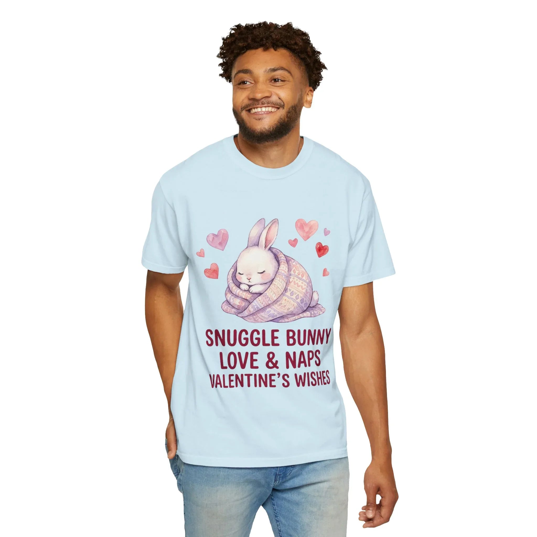 Snuggle Bunny Love and Naps Valentines T Shirt Cute Bunny Hearts Watercolor Cozy Vintage Aesthetic Gift for Bunny Lovers Soft Romantic Chambray