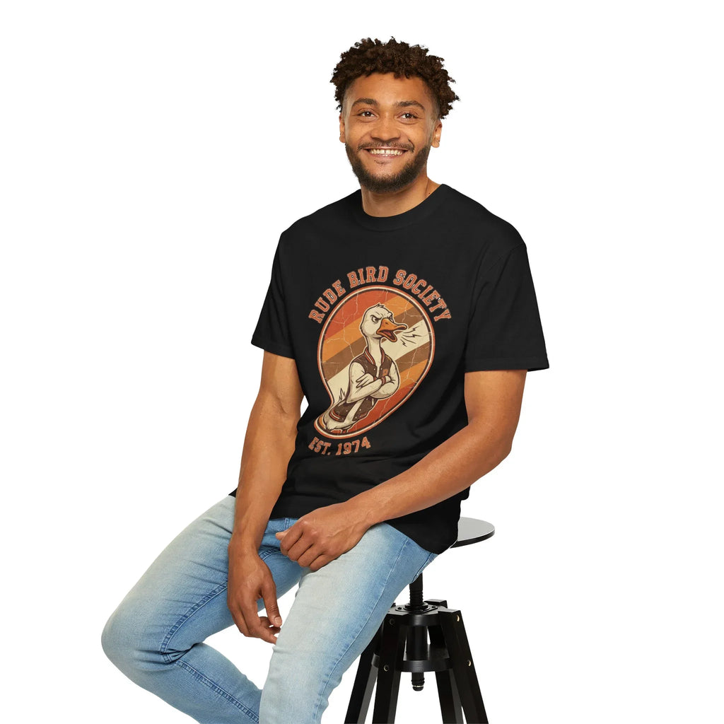Dude Bird Society Goose T-Shirt | Retro Vintage Badge Est 1974 | Sunset Stripes Graphic | Garment-Dyed Heavyweight Unisex