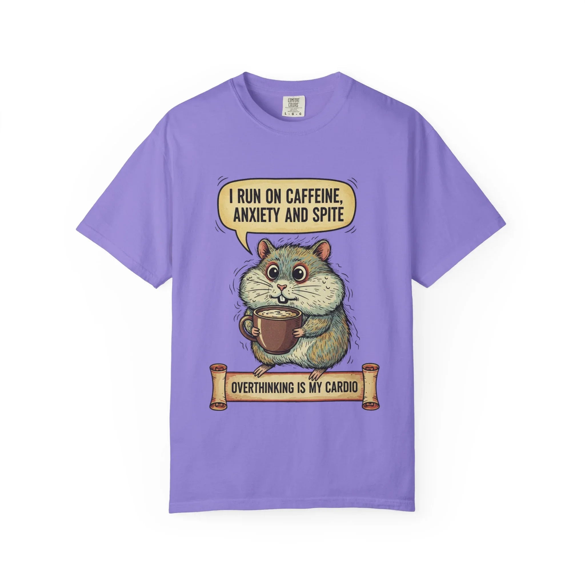 Funny Hamster Coffee Shirt - "Overthinking is My Cardio" T-Shirt - Caffeine Anxiety and Spite Gift - Sarcastic Mental Health Tee - Retro Jittery Hamster Graphic Top Violet