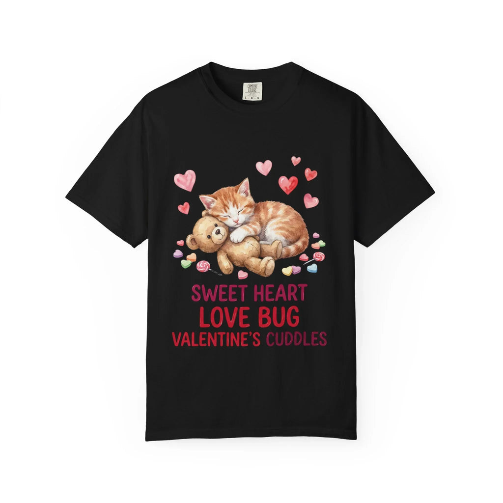 Sleeping Kitten with Teddy Bear Valentine T-Shirt | Sweetheart Love Bug Cuddles | Cozy Vintage Aesthetic | Cute Romantic Gift Black