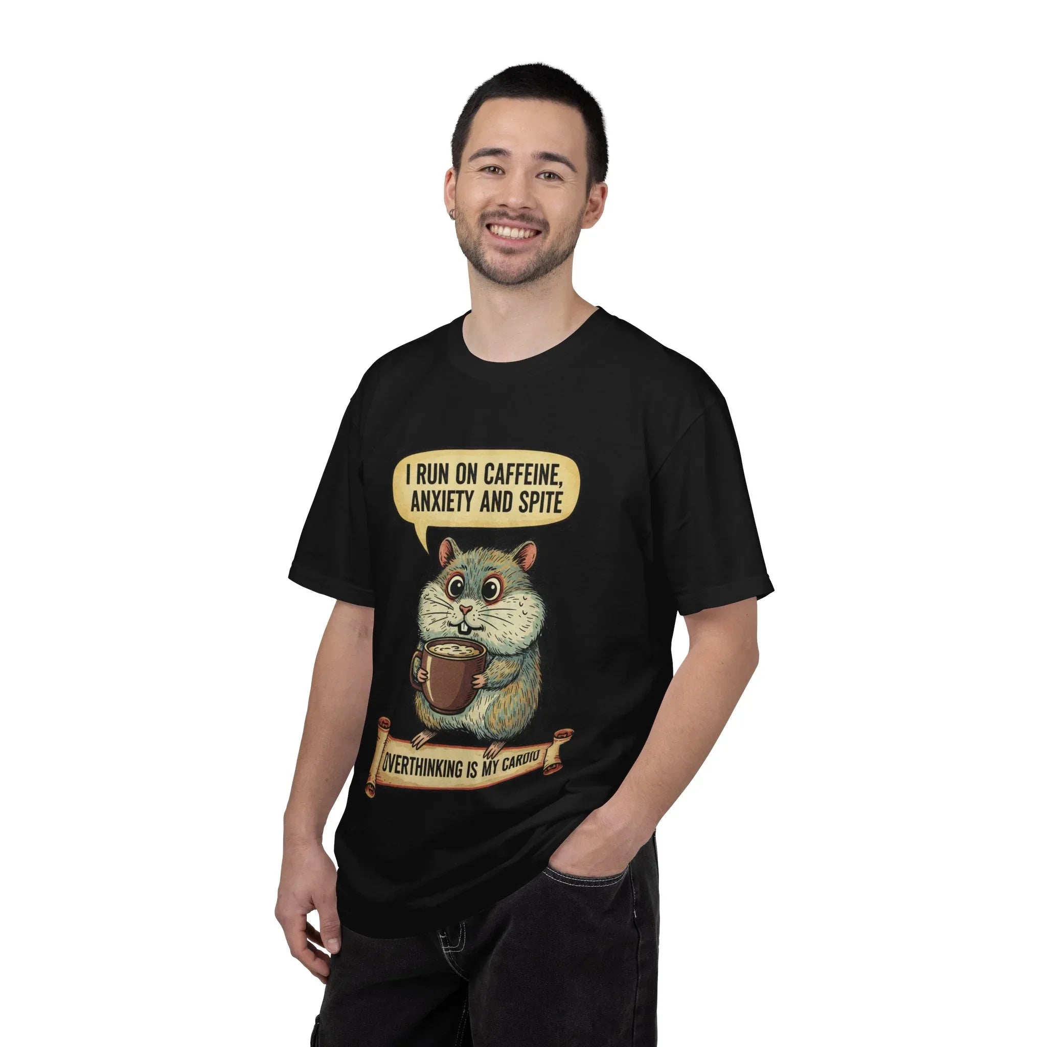 Funny Hamster Coffee Shirt - "Overthinking is My Cardio" T-Shirt - Caffeine Anxiety and Spite Gift - Sarcastic Mental Health Graphic Tee - Retro Jittery Hamster Overthinker Gift