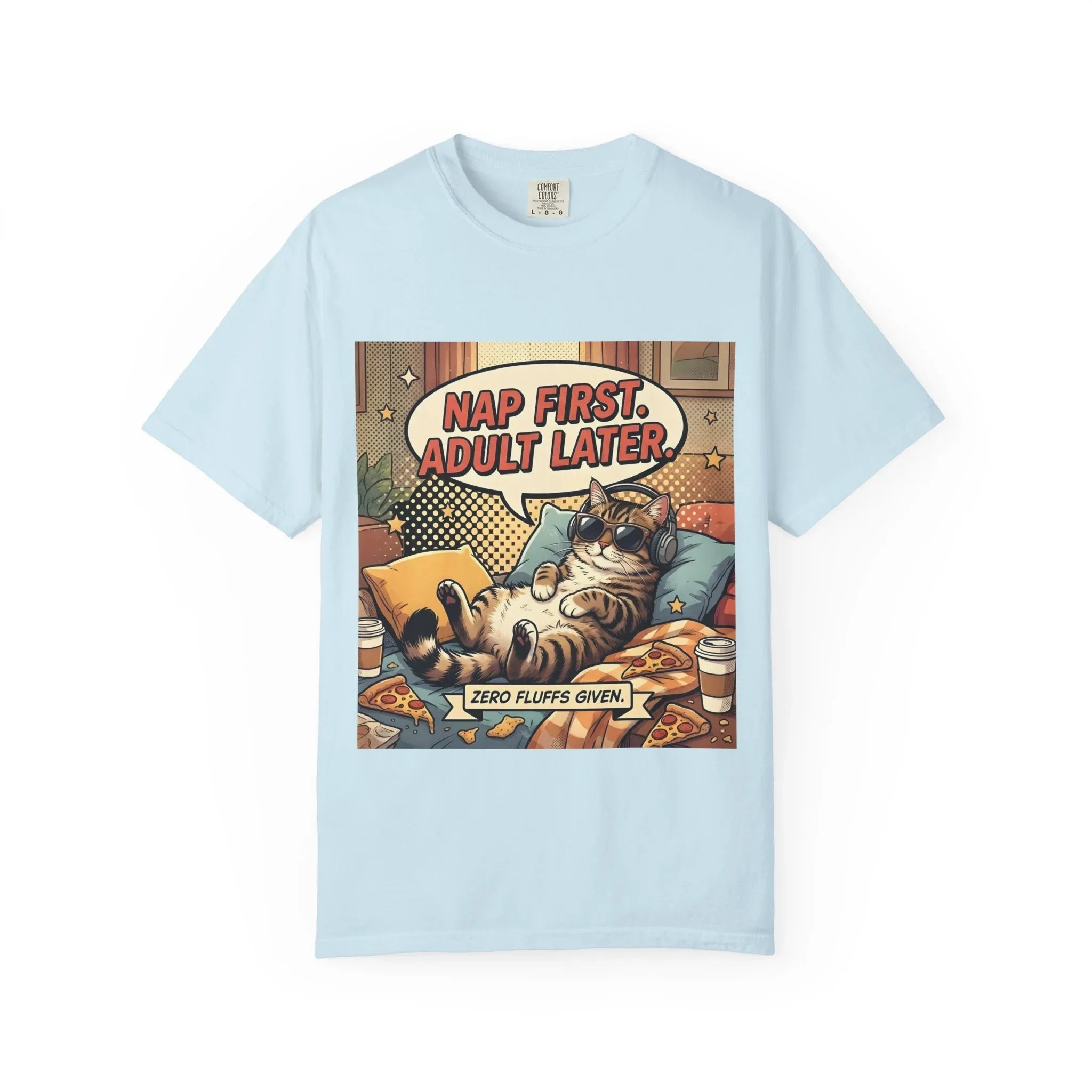 Nap First Adult Later T-Shirt | Retro Cat Comic Lazy Illustration | Cozy Humor Gift | Vintage Anti Adulting Tee Chambray
