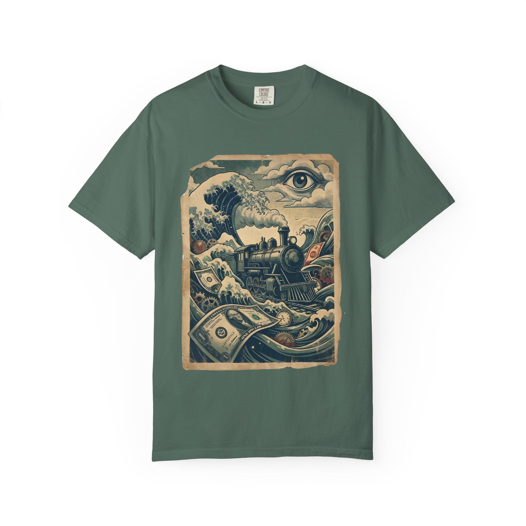 Financial Tsunami T-Shirt - Steam Train Economic Crisis Tee - Vintage Surrealist Satire Shirt - Sarcastic Money Wave Graphic Blue Spruce