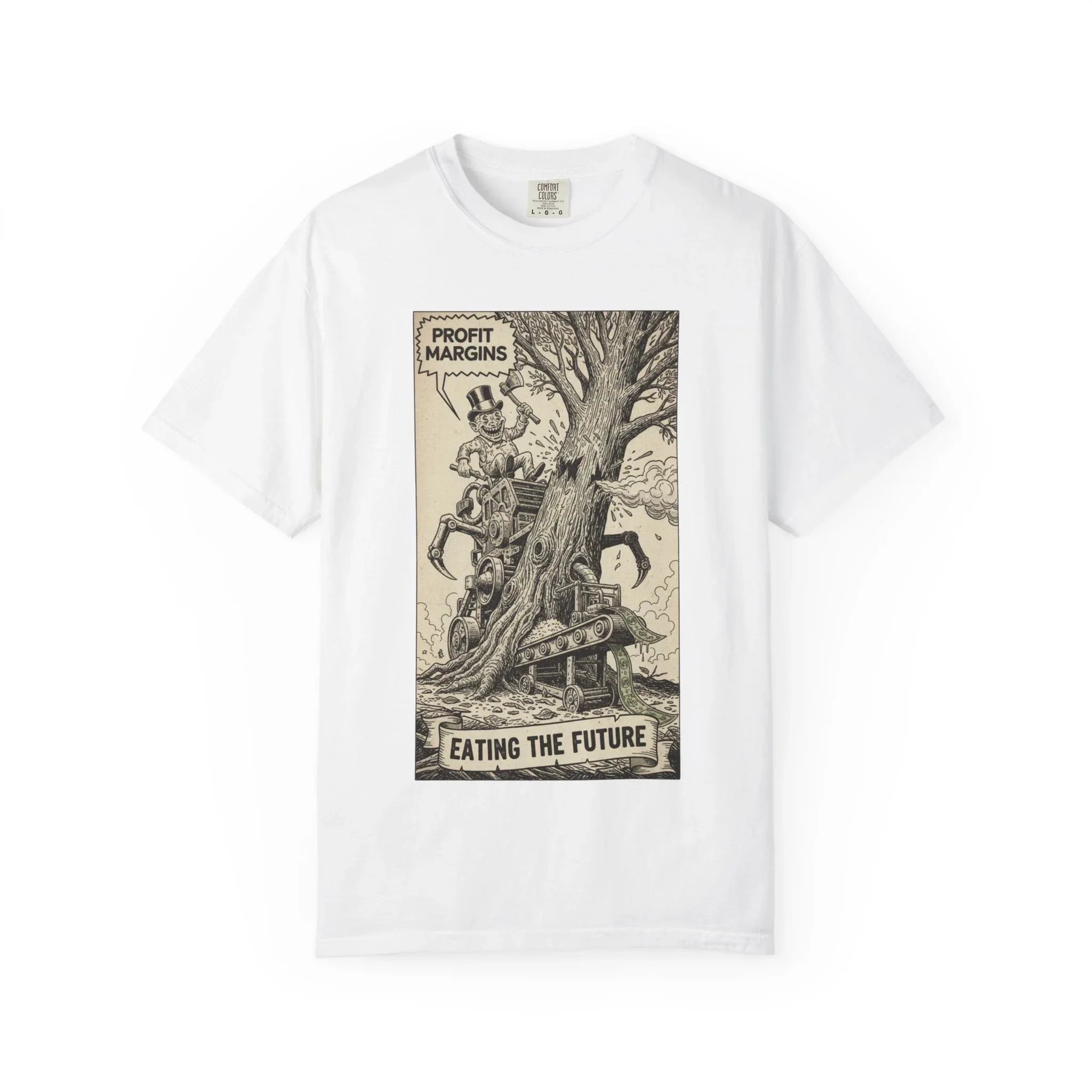 Eating The Future Shirt - Satirical Political Graphic Tee - Vintage Woodcut Eco Activist T-Shirt - Corporate Greed Social Commentary - Environmental Awareness Aesthetic Streetwear White