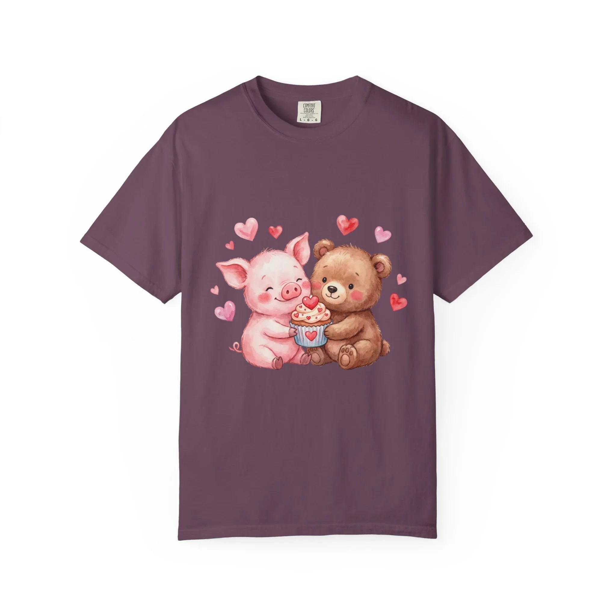 Cute Pig Bear Heart Cup Valentine T Shirt Watercolor Cozy Vintage Aesthetic Gift Animal Lovers Soft Cotton Romantic Tee Berry M