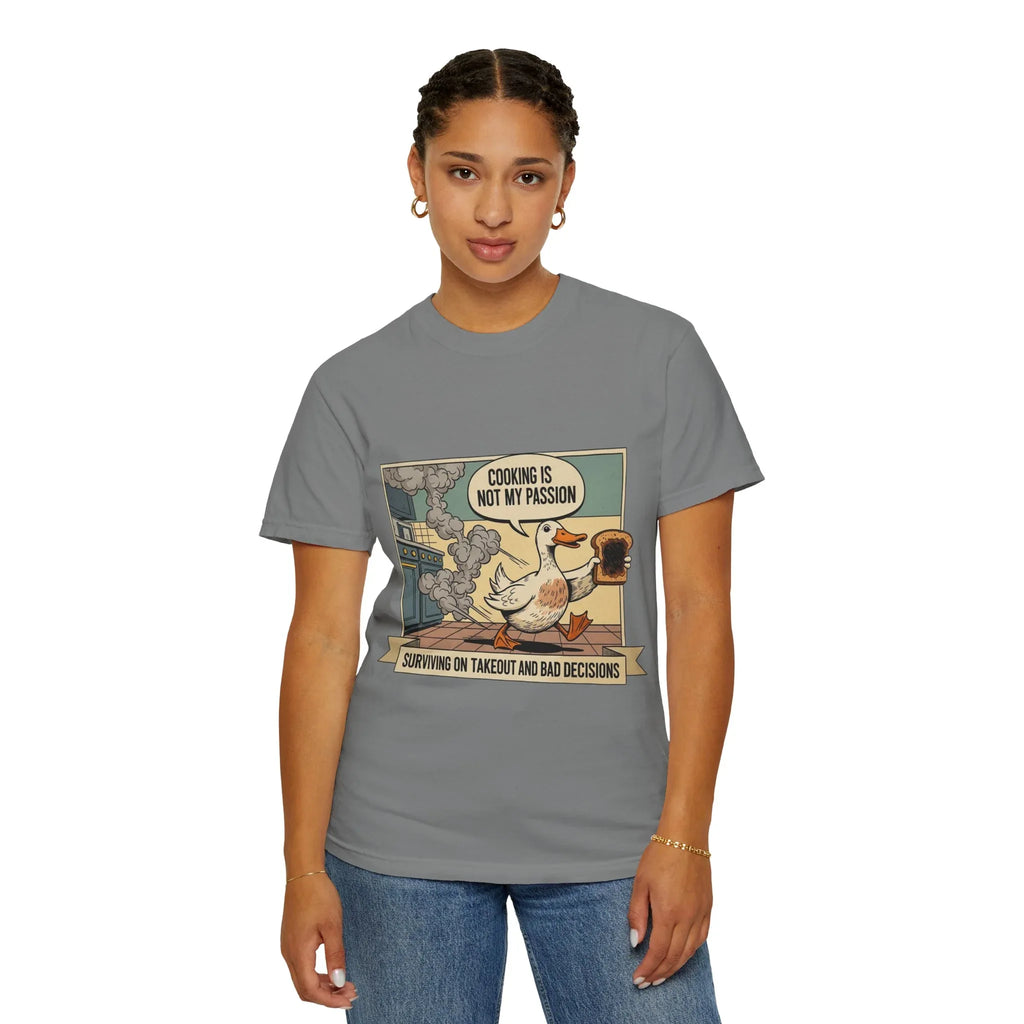 Funny Duck Cooking Shirt - "Cooking Is Not My Passion" Retro Tee - Sarcastic Kitchen Fail Graphic T-Shirt - Vintage Cartoon Foodie Gift - Surviving On Takeout Humorous Top
