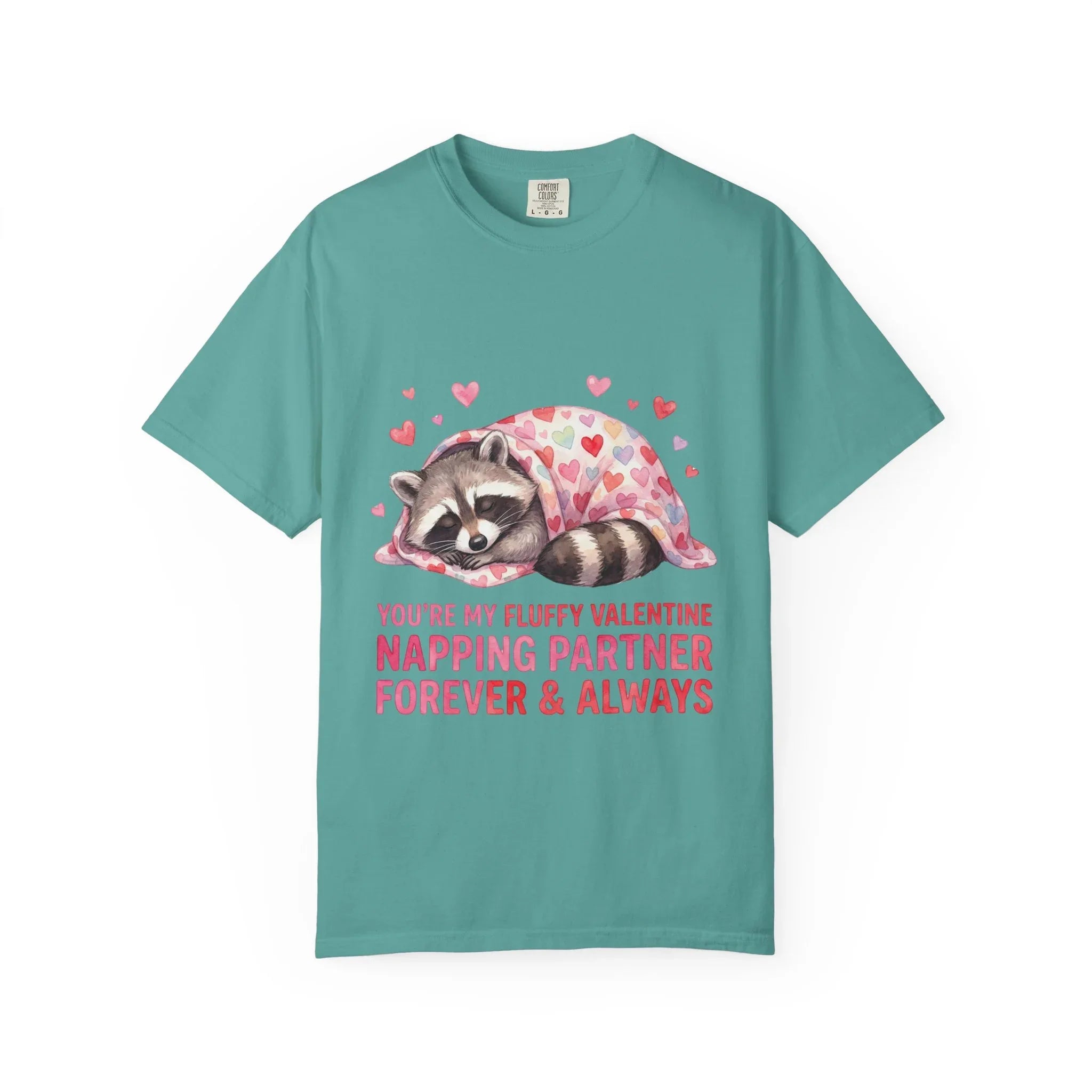 Sleeping Raccoon Valentine T Shirt Fluffy Napping Partner Forever Watercolor Cozy Vintage Aesthetic Gift Animal Lovers Soft Cotton Romantic Seafoam