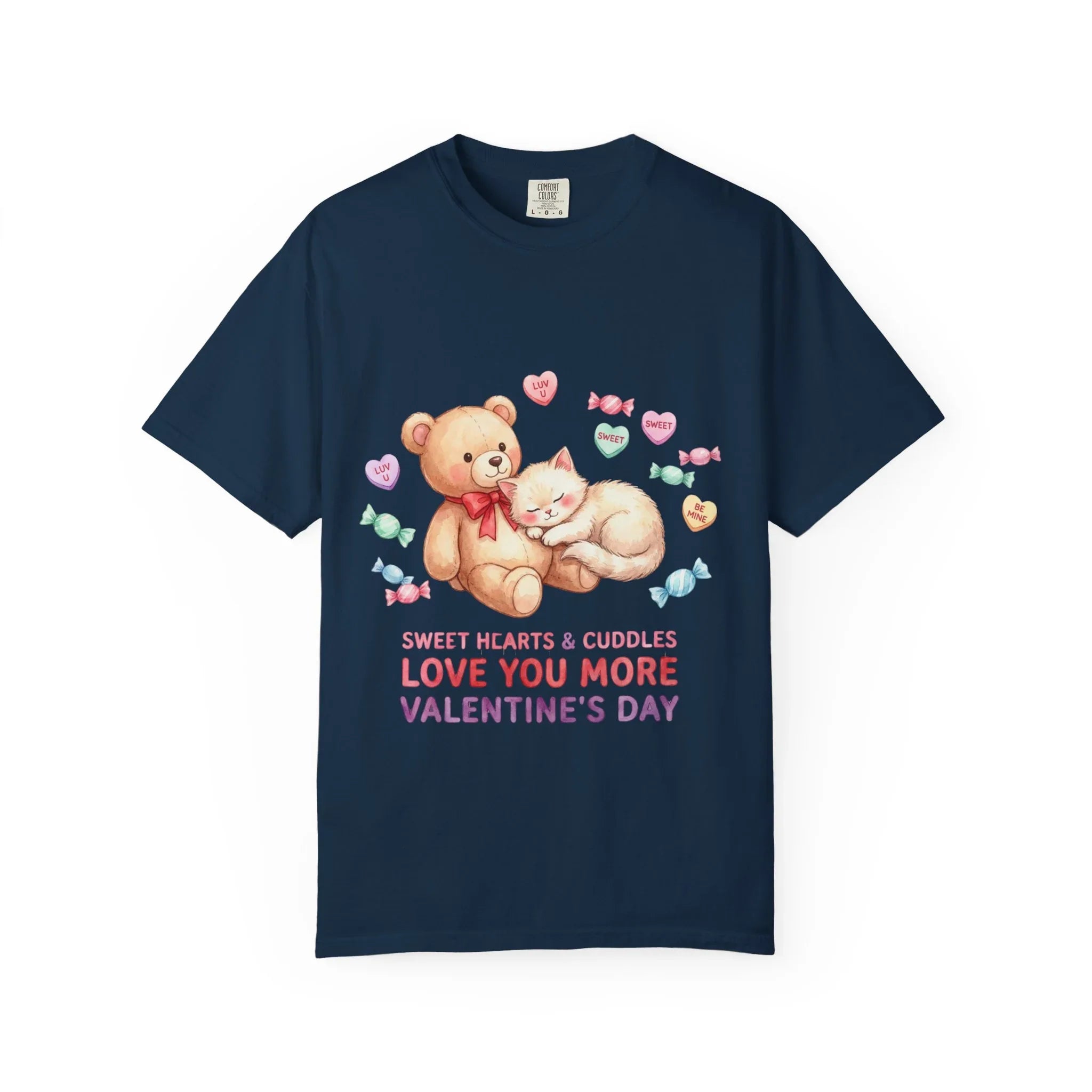 Cute Bear and Kitten Valentine T-shirt | Vintage Soft Love Tee | Couple Gift | Aesthetic Comfort Shirt | Retro Candy Heart Design True Navy