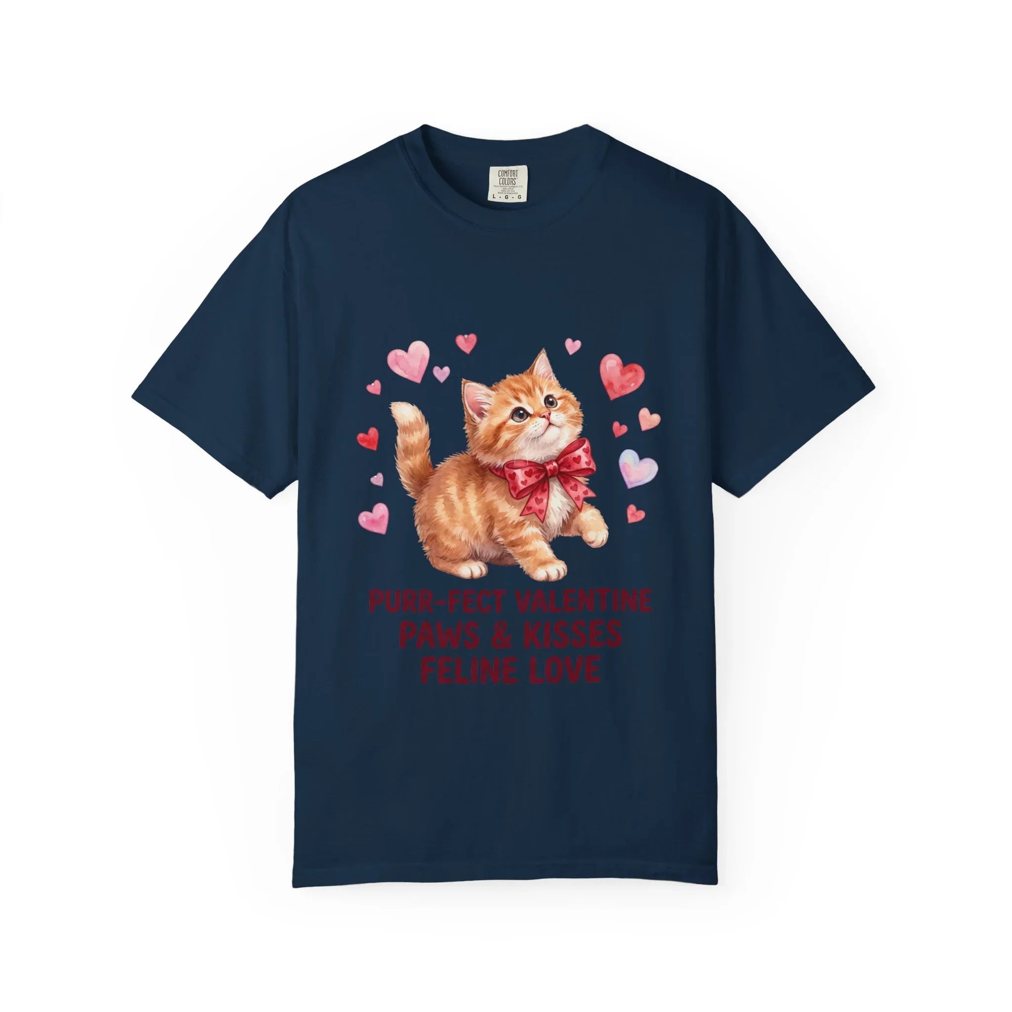 Purrfect Valentine Cat Paws Kisses T Shirt Cute Ginger Kitten Hearts Watercolor Cozy Vintage Aesthetic Gift Cat Lovers Soft Cotton Romantic True Navy