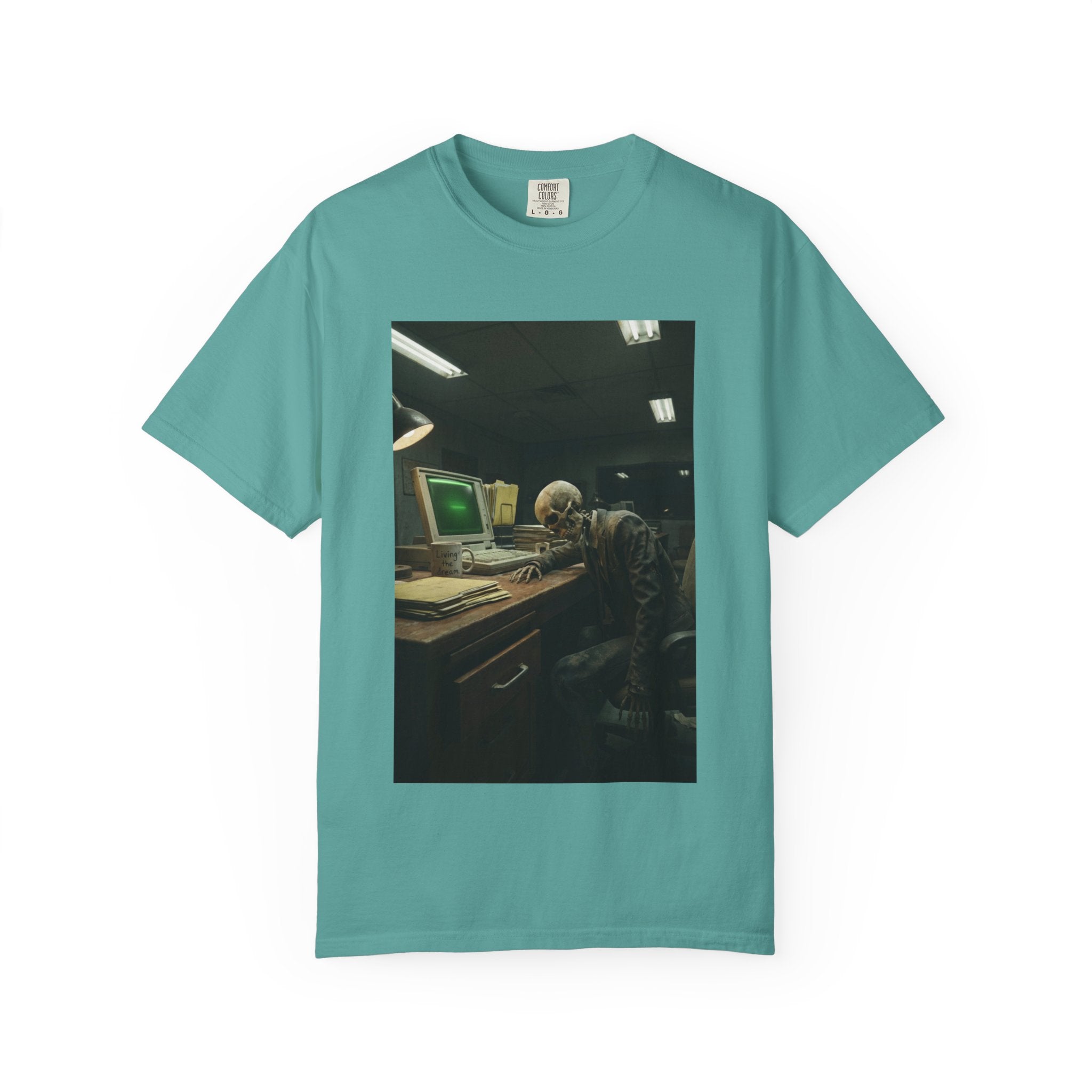 Living The Dream Skeleton T-Shirt - Funny Corporate Burnout Shirt - Vintage Aesthetic Dark Humor Office Tee - Sarcastic Work Gift Seafoam